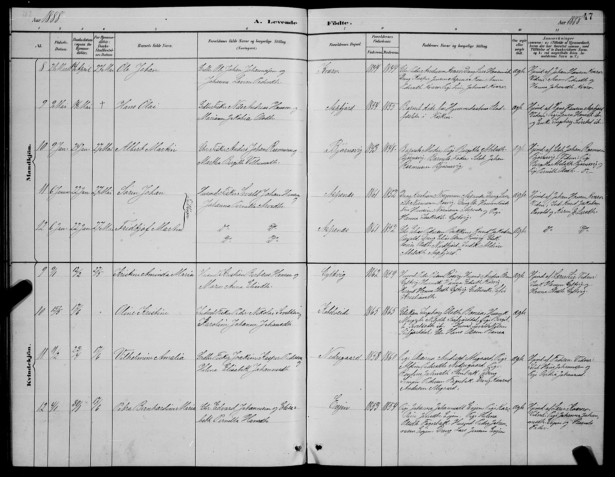 Ministerialprotokoller, klokkerbøker og fødselsregistre - Nordland, AV/SAT-A-1459/854/L0785: Parish register (copy) no. 854C01, 1883-1891, p. 47