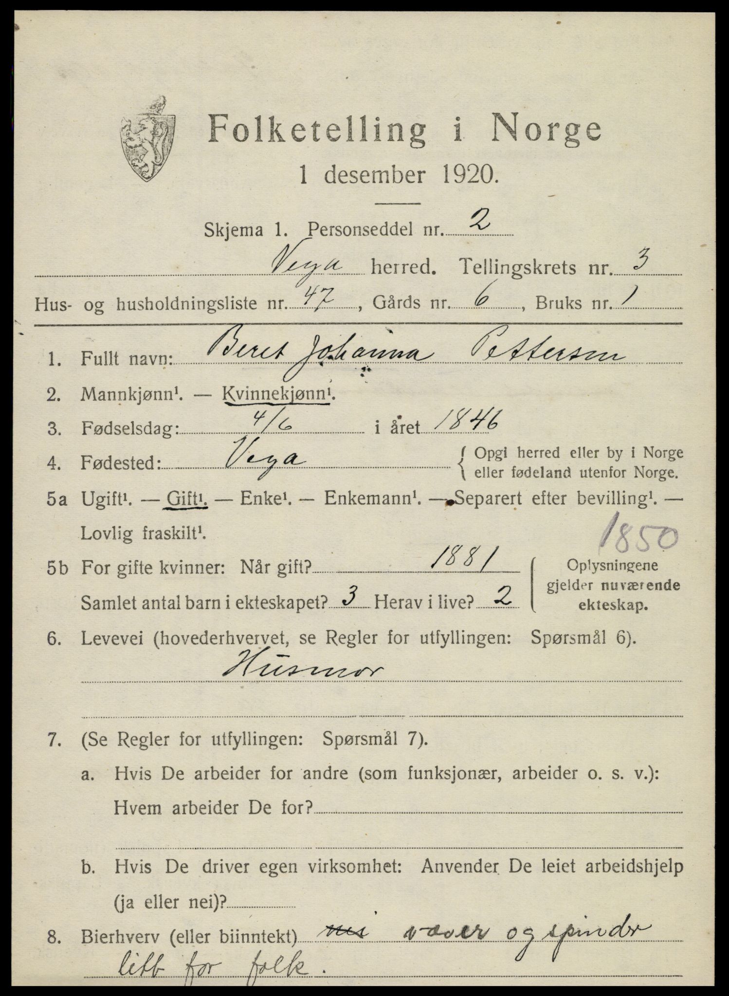 SAT, 1920 census for Vega, 1920, p. 2147