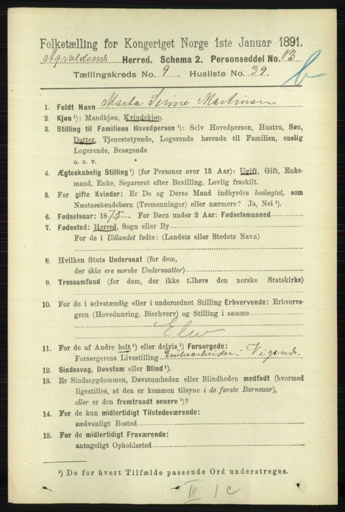 RA, 1891 census for 1147 Avaldsnes, 1891, p. 5492