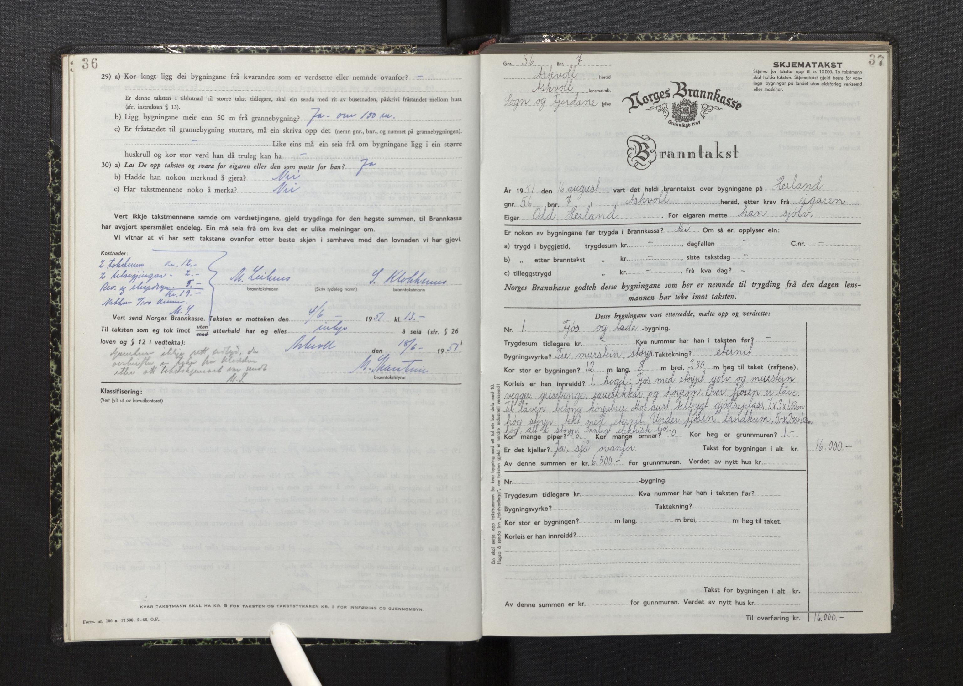 Lensmannen i Askvoll, AV/SAB-A-26301/0012/L0006: Branntakstprotokoll, skjematakst, 1950-1955, p. 36-37