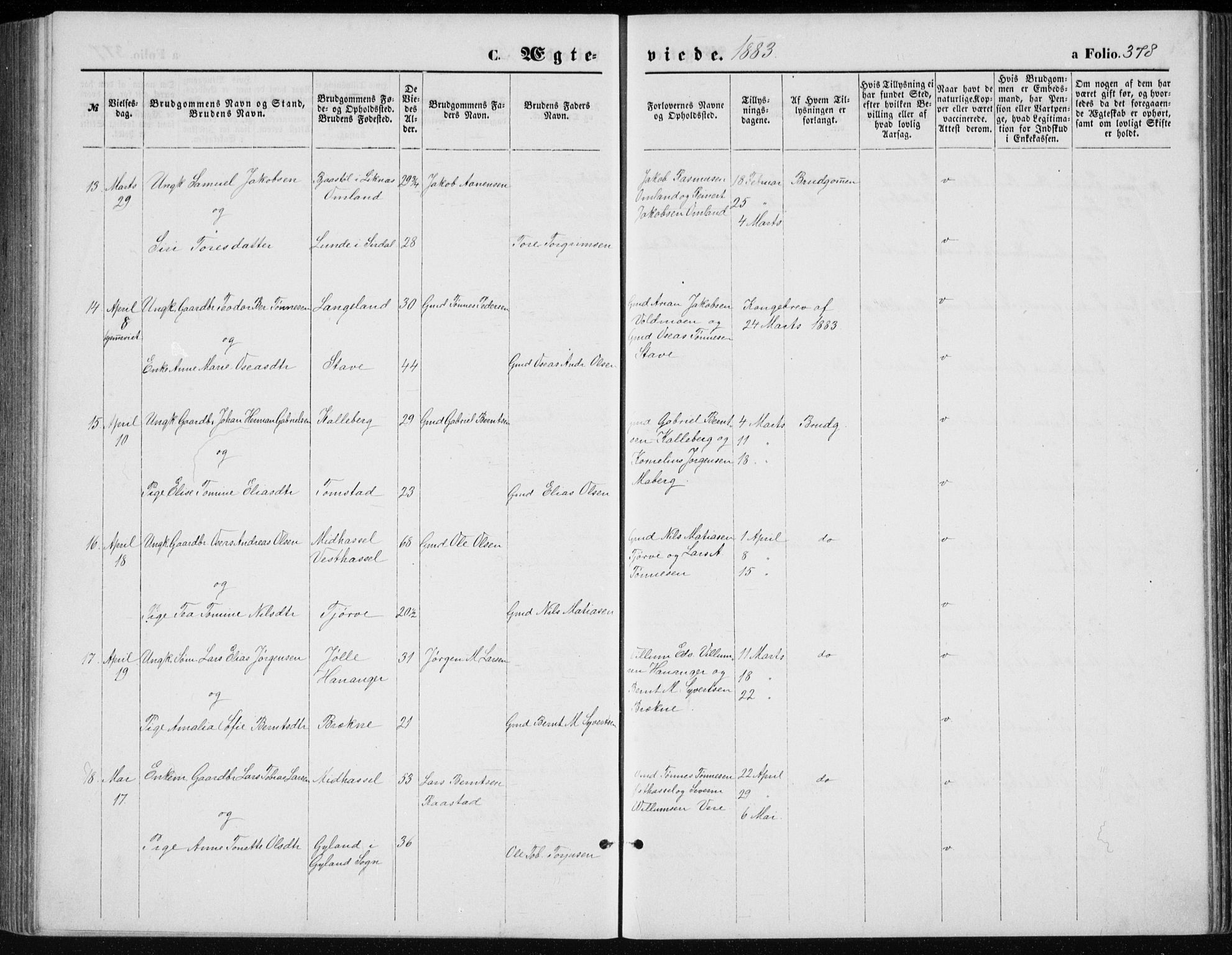 Lista sokneprestkontor, AV/SAK-1111-0027/F/Fb/L0004: Parish register (copy) no. B 4, 1877-1891, p. 378