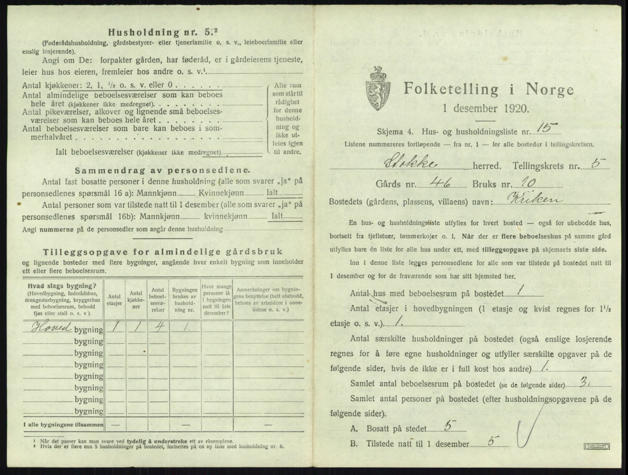 SAKO, 1920 census for Stokke, 1920, p. 1011