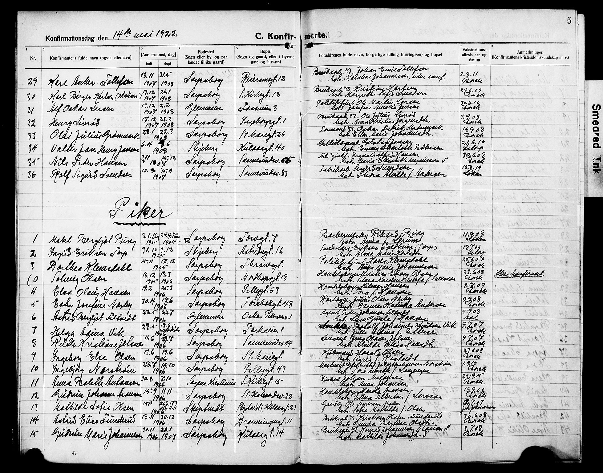 Sarpsborg prestekontor Kirkebøker, AV/SAO-A-2006/G/Ga/L0003: Parish register (copy) no. 3, 1922-1931, p. 5