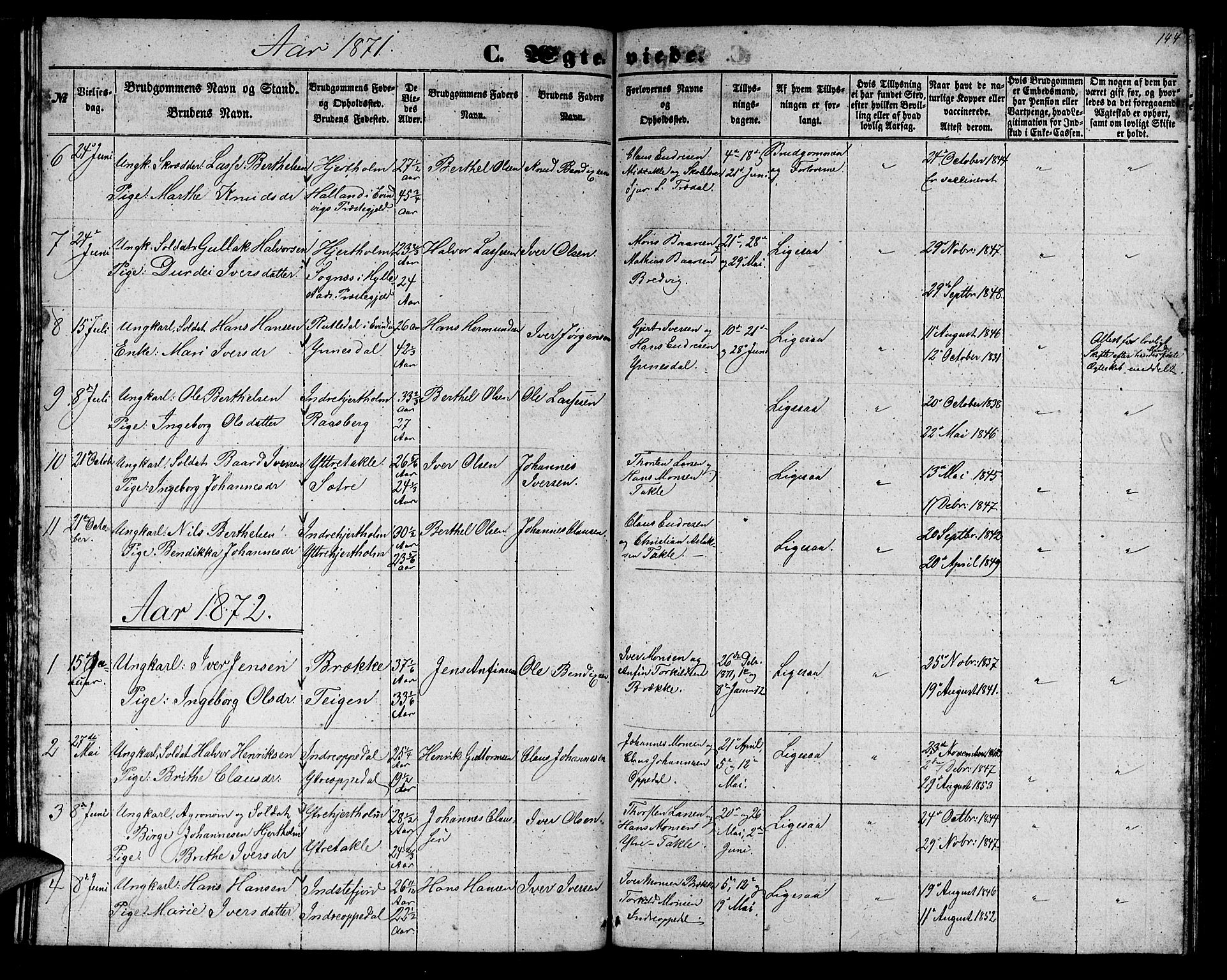 Gulen sokneprestembete, AV/SAB-A-80201/H/Hab/Habc/L0001: Parish register (copy) no. C 1, 1853-1880, p. 144