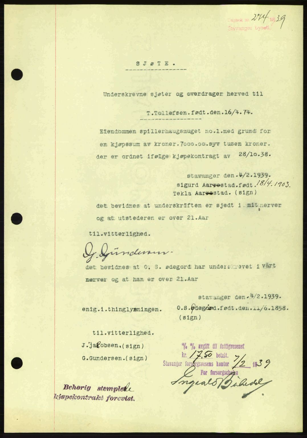 Stavanger byrett, SAST/A-100455/002/G/Gb/L0014: Mortgage book no. A4, 1938-1939, Diary no: : 274/1939