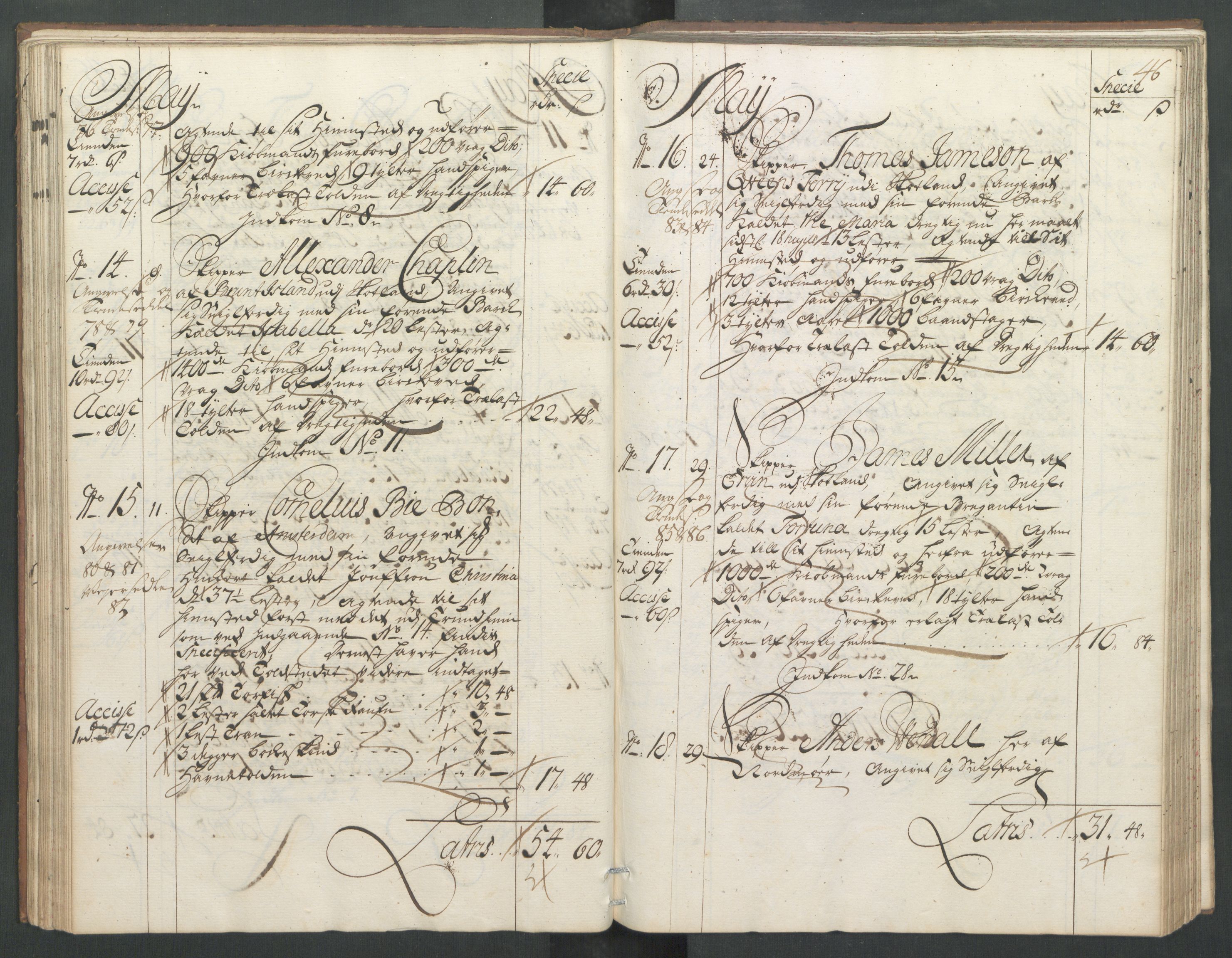 Generaltollkammeret, tollregnskaper, RA/EA-5490/R32/L0004/0001: Tollregnskaper Kristiansund / Hovedtollbok, 1731, p. 45b-46a