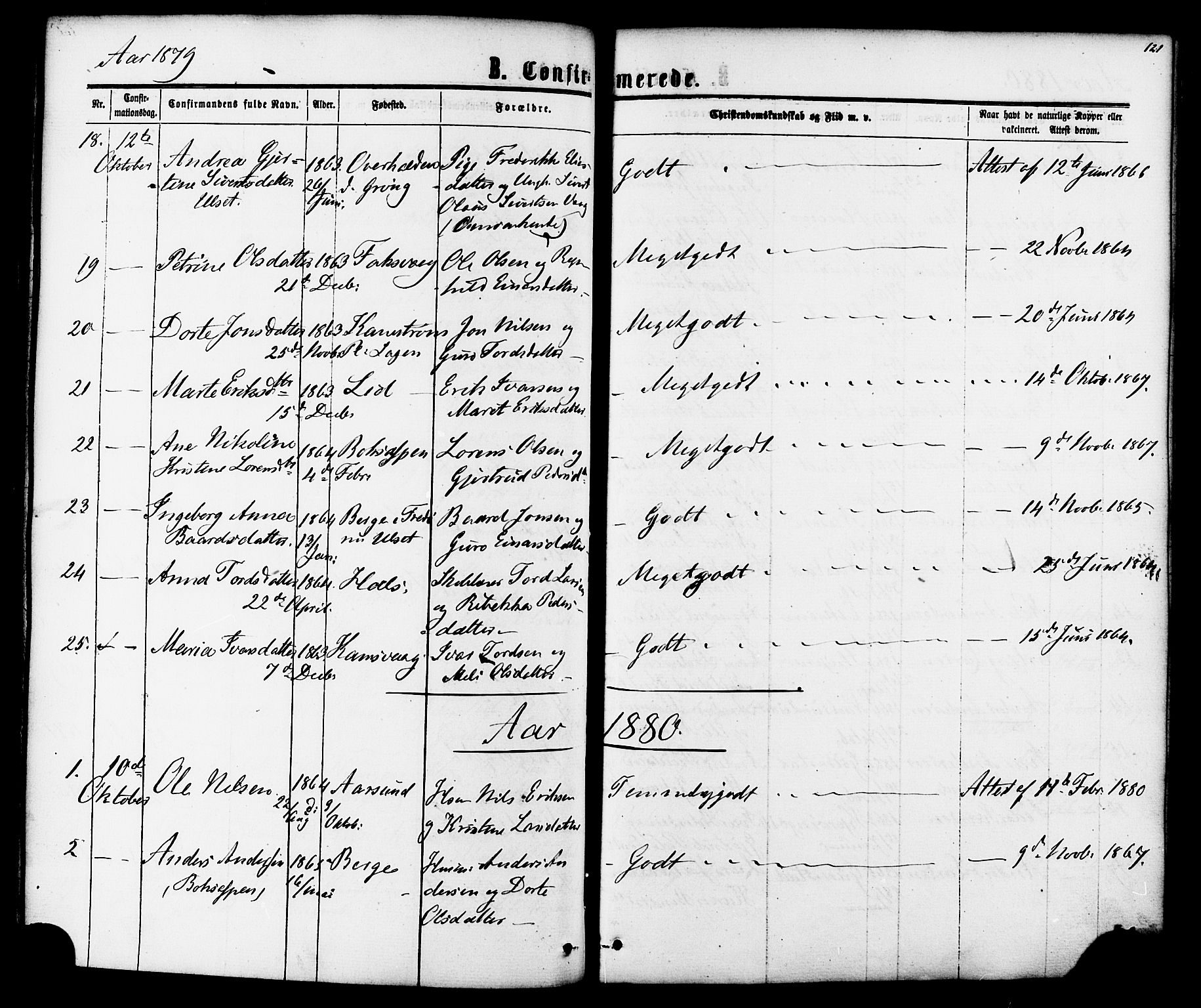 Ministerialprotokoller, klokkerbøker og fødselsregistre - Møre og Romsdal, AV/SAT-A-1454/587/L0999: Parish register (official) no. 587A01, 1864-1886, p. 121