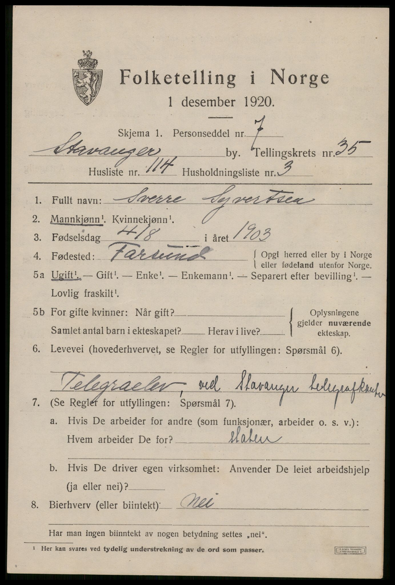 SAST, 1920 census for Stavanger, 1920, p. 95622