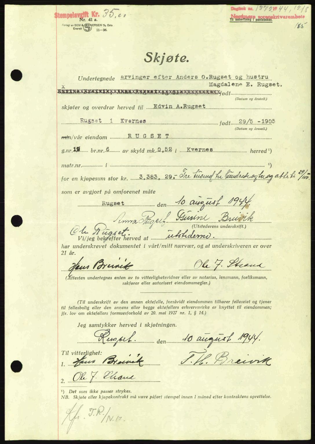 Nordmøre sorenskriveri, AV/SAT-A-4132/1/2/2Ca: Mortgage book no. A98, 1944-1944, Diary no: : 1372/1944