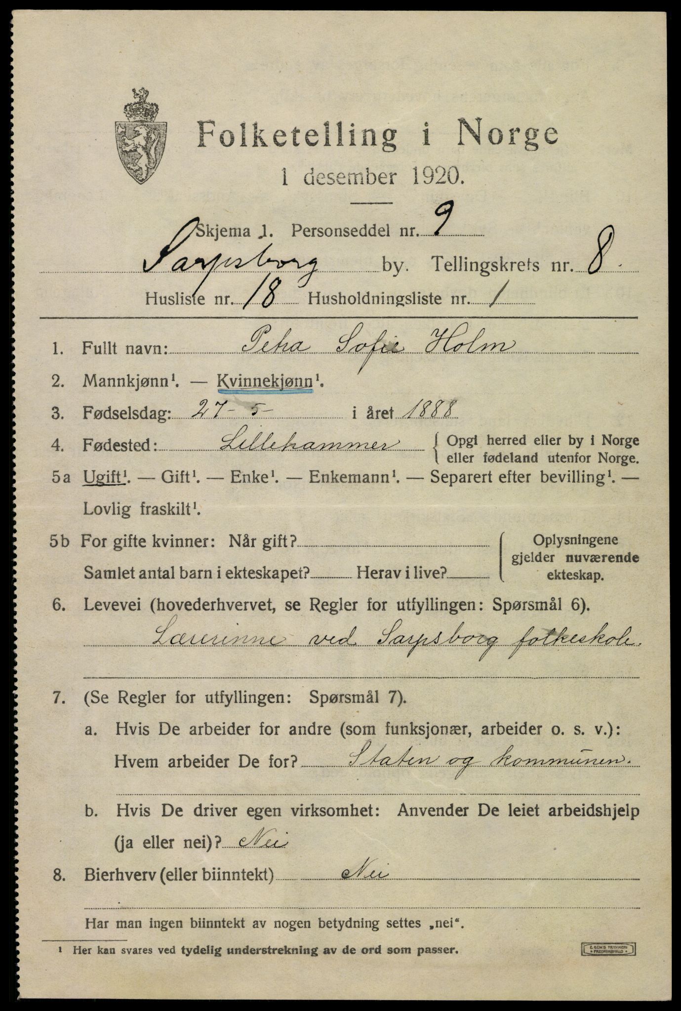 SAO, 1920 census for Sarpsborg, 1920, p. 17594