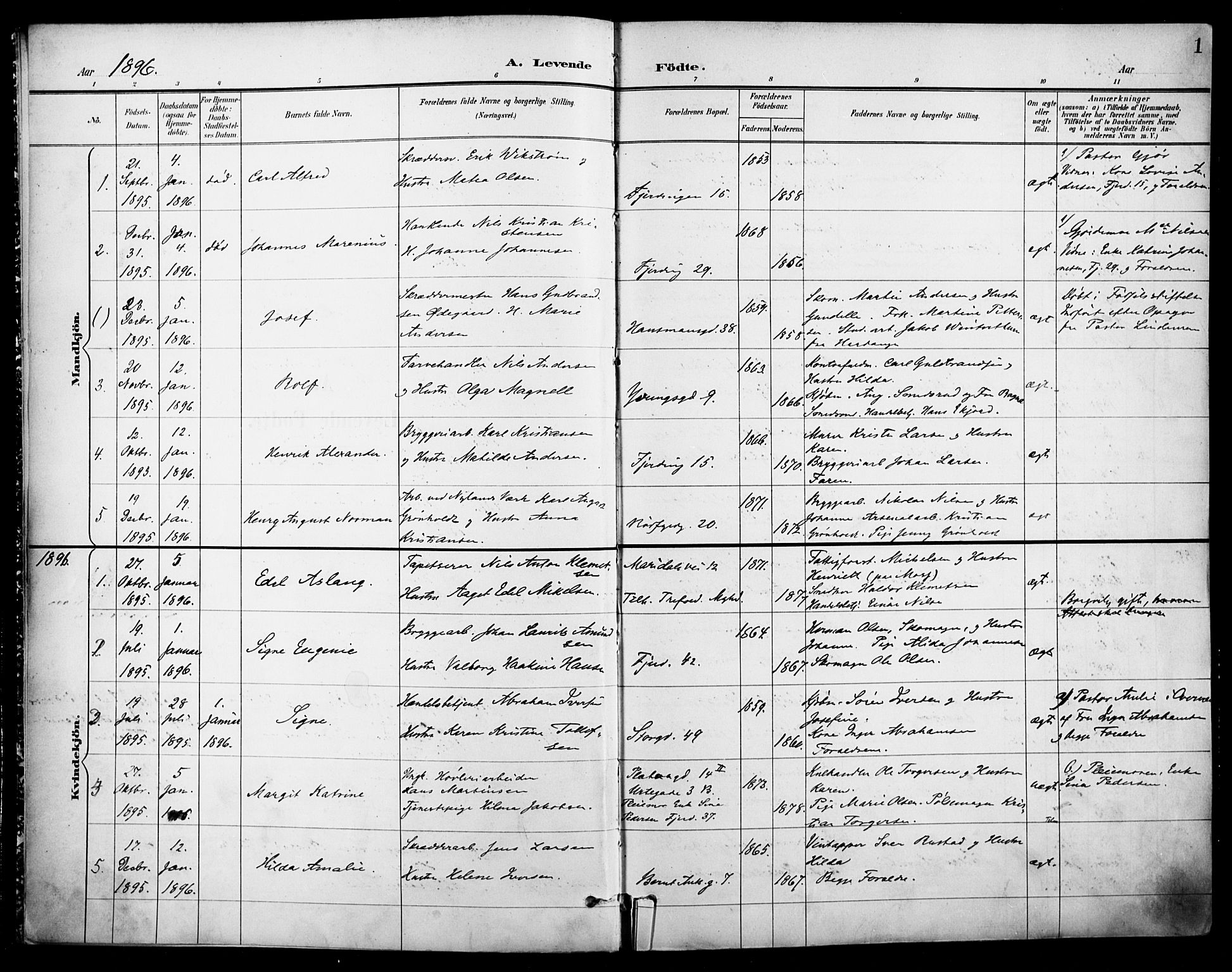 Jakob prestekontor Kirkebøker, SAO/A-10850/F/Fa/L0005: Parish register (official) no. 5, 1896-1903, p. 1