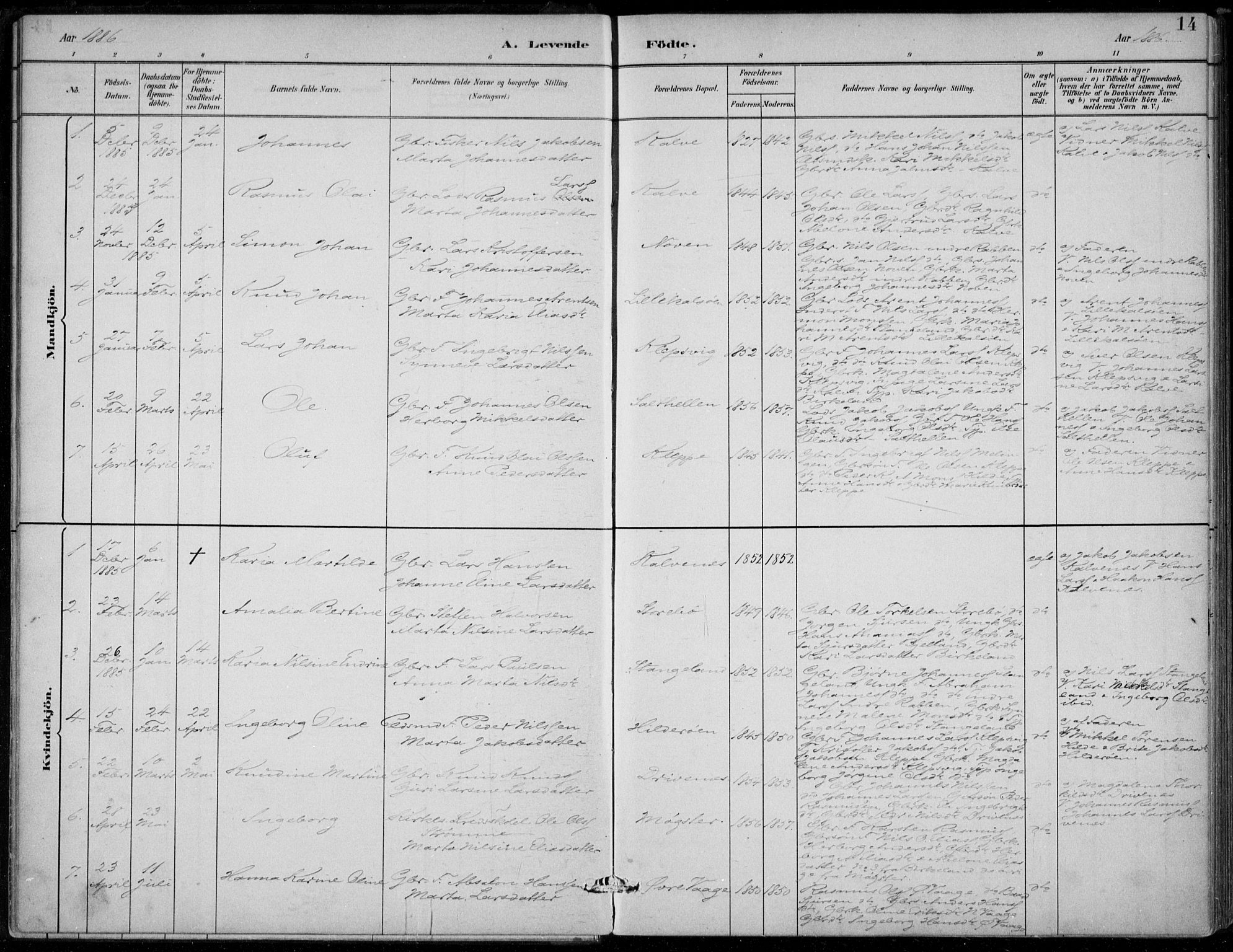 Sund sokneprestembete, AV/SAB-A-99930: Parish register (official) no. D 1, 1882-1899, p. 14