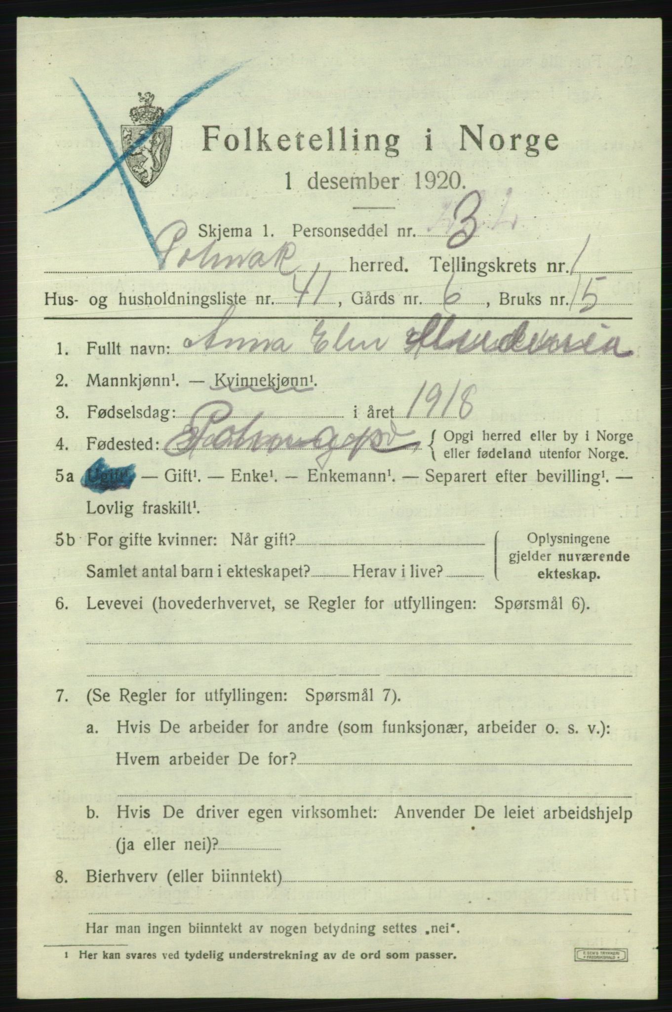 SATØ, 1920 census for Polmak, 1920, p. 711