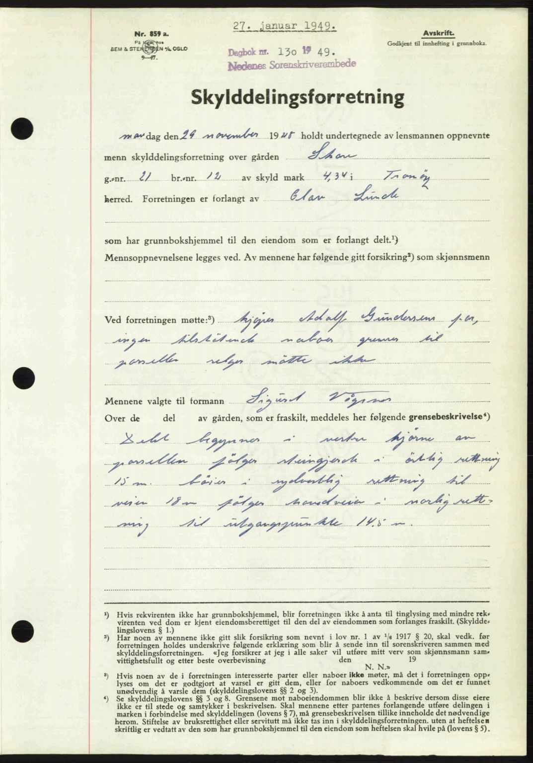 Nedenes sorenskriveri, AV/SAK-1221-0006/G/Gb/Gba/L0060: Mortgage book no. A12, 1948-1949, Diary no: : 130/1949