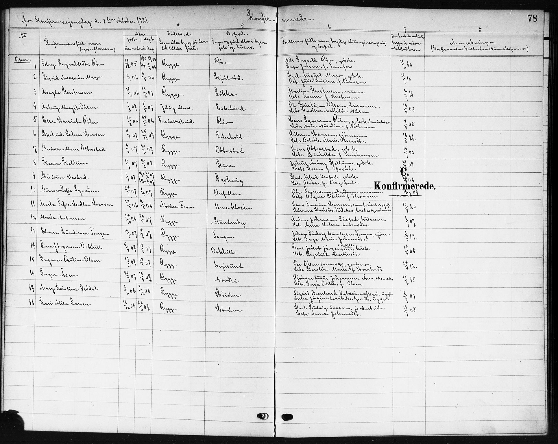 Rygge prestekontor Kirkebøker, AV/SAO-A-10084b/G/Ga/L0003: Parish register (copy) no. 3, 1906-1921, p. 78