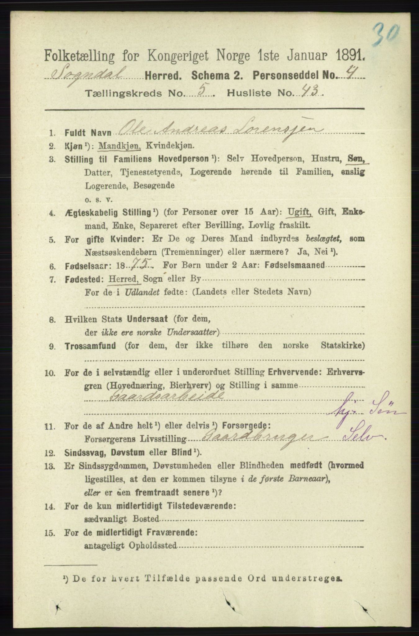 RA, 1891 census for 1111 Sokndal, 1891, p. 1564