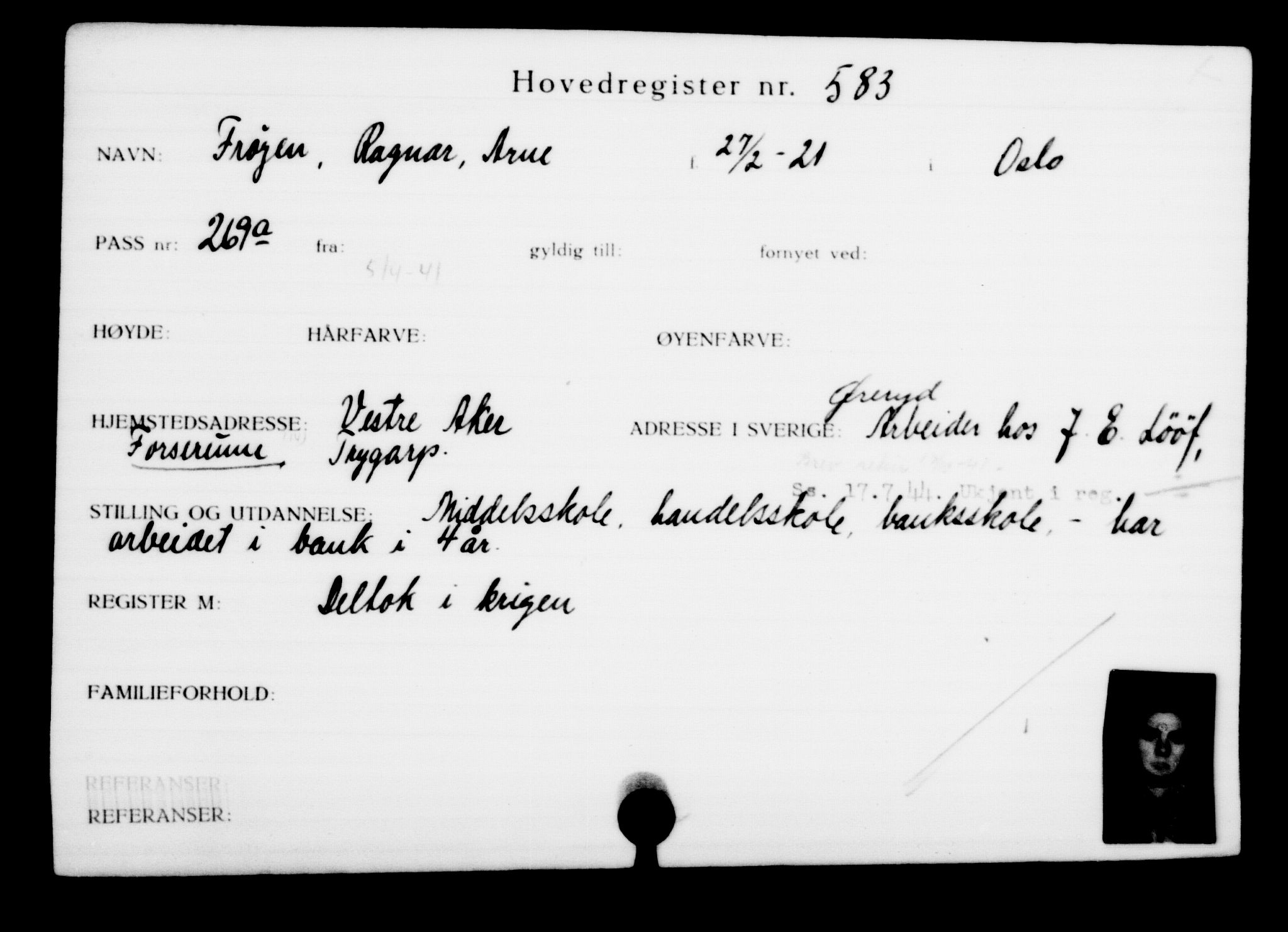 Den Kgl. Norske Legasjons Flyktningskontor, RA/S-6753/V/Va/L0001: Kjesäterkartoteket. Flyktningenr. 1-1000, 1940-1945, p. 908