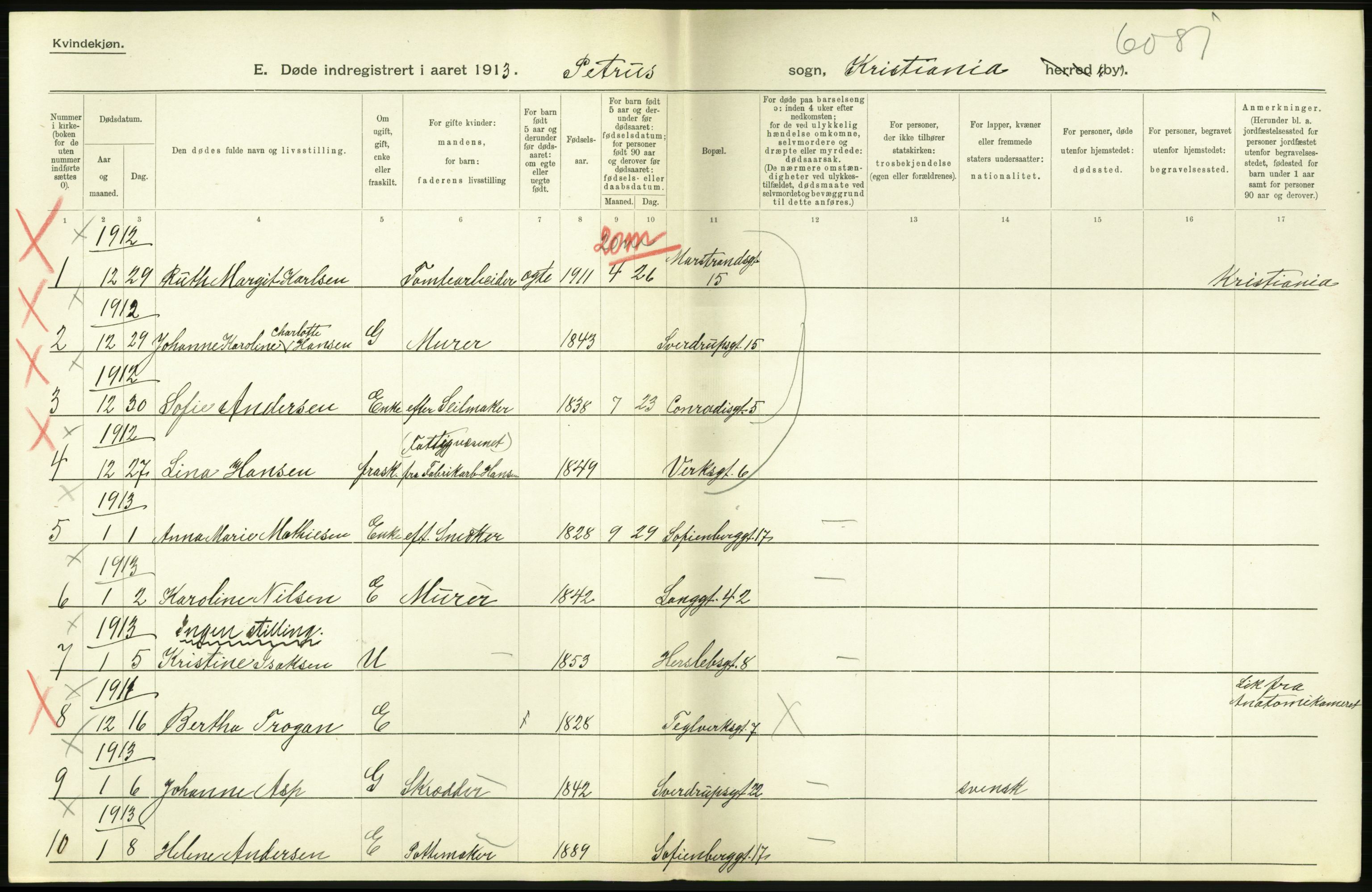 Statistisk sentralbyrå, Sosiodemografiske emner, Befolkning, AV/RA-S-2228/D/Df/Dfb/Dfbc/L0009: Kristiania: Døde., 1913, p. 556