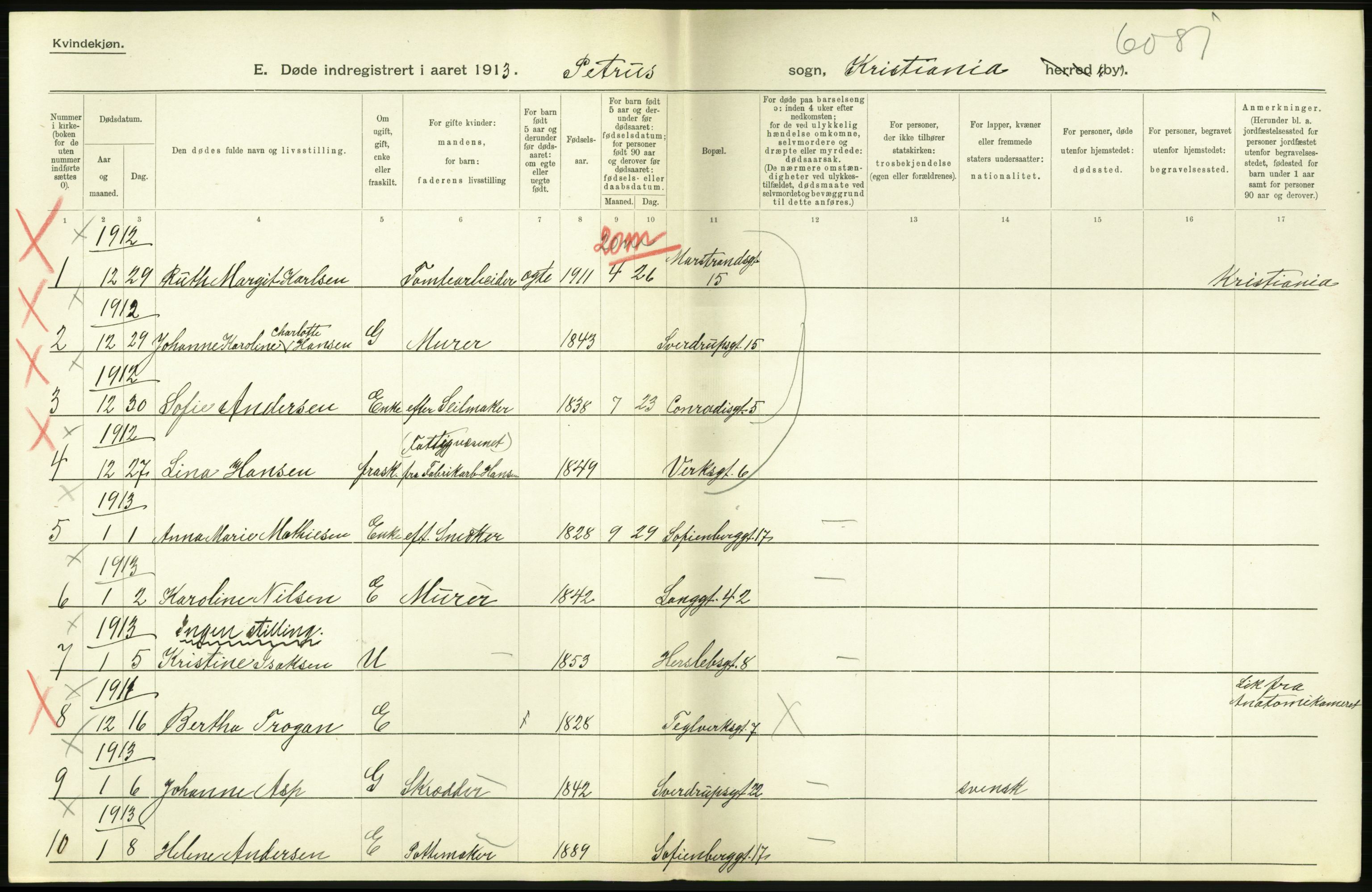 Statistisk sentralbyrå, Sosiodemografiske emner, Befolkning, RA/S-2228/D/Df/Dfb/Dfbc/L0009: Kristiania: Døde., 1913, p. 556