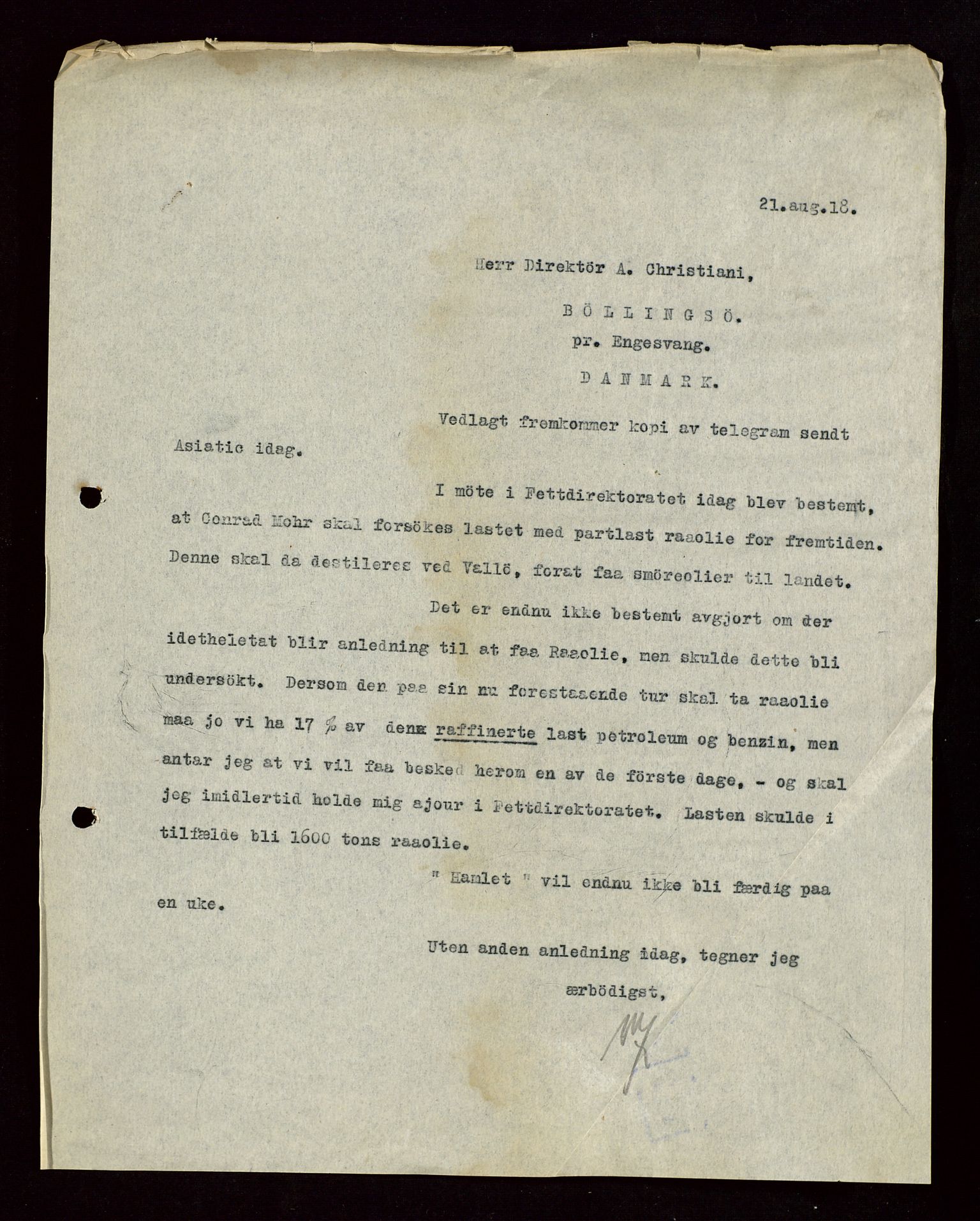 Pa 1521 - A/S Norske Shell, AV/SAST-A-101915/E/Ea/Eaa/L0004: Sjefskorrespondanse, 1918, p. 16