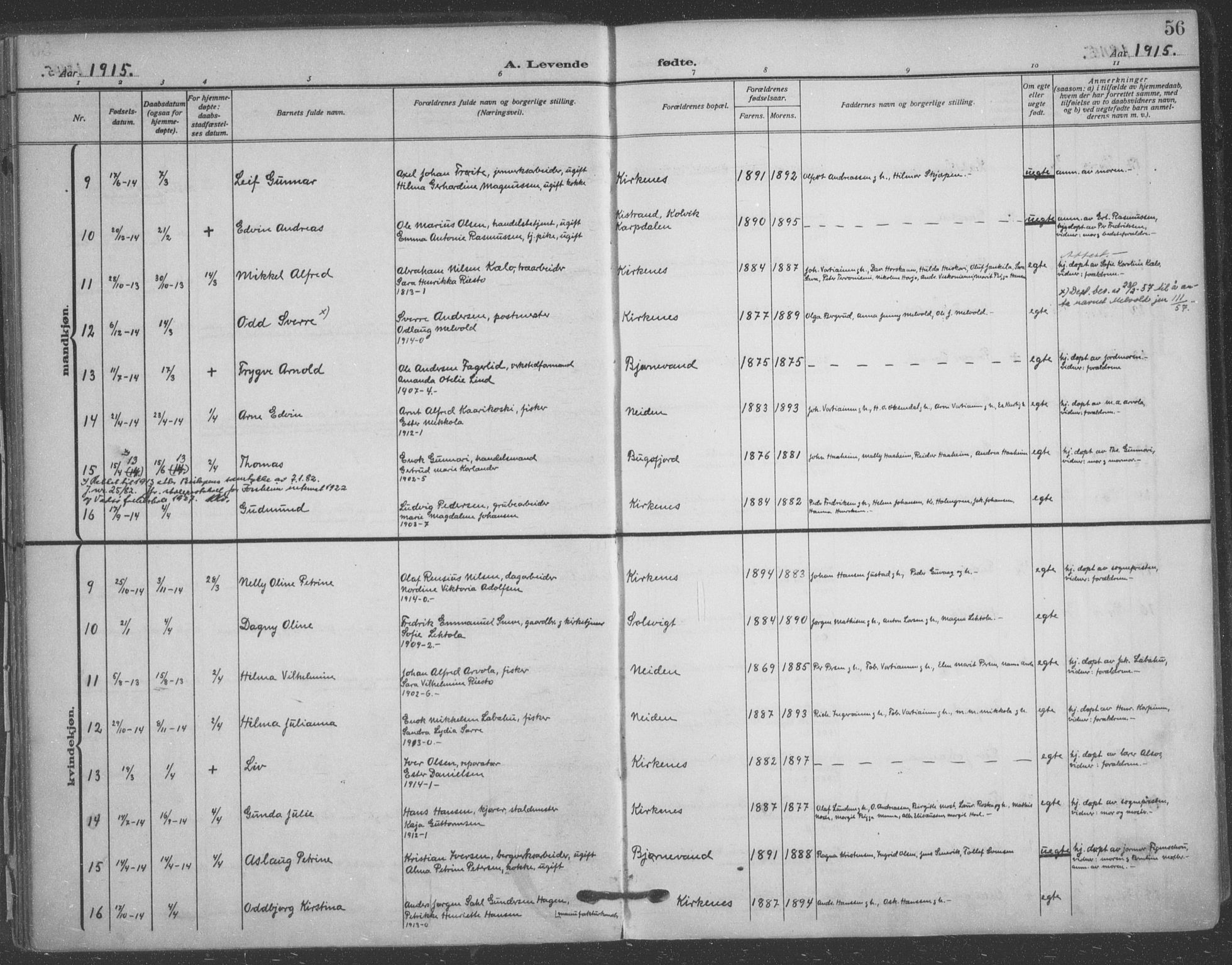 Sør-Varanger sokneprestkontor, AV/SATØ-S-1331/H/Ha/L0005kirke: Parish register (official) no. 5, 1909-1919, p. 56