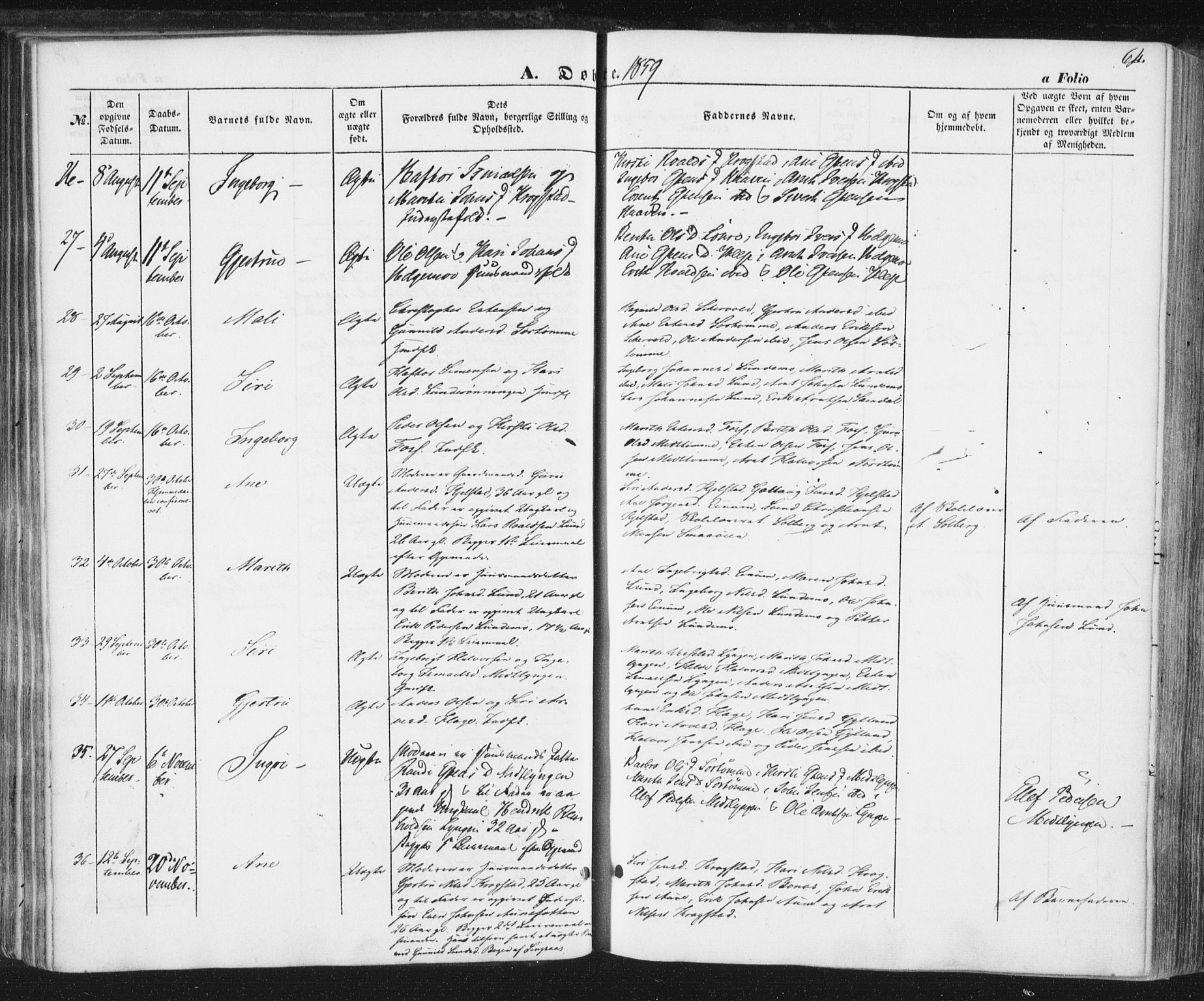 Ministerialprotokoller, klokkerbøker og fødselsregistre - Sør-Trøndelag, SAT/A-1456/692/L1103: Parish register (official) no. 692A03, 1849-1870, p. 64