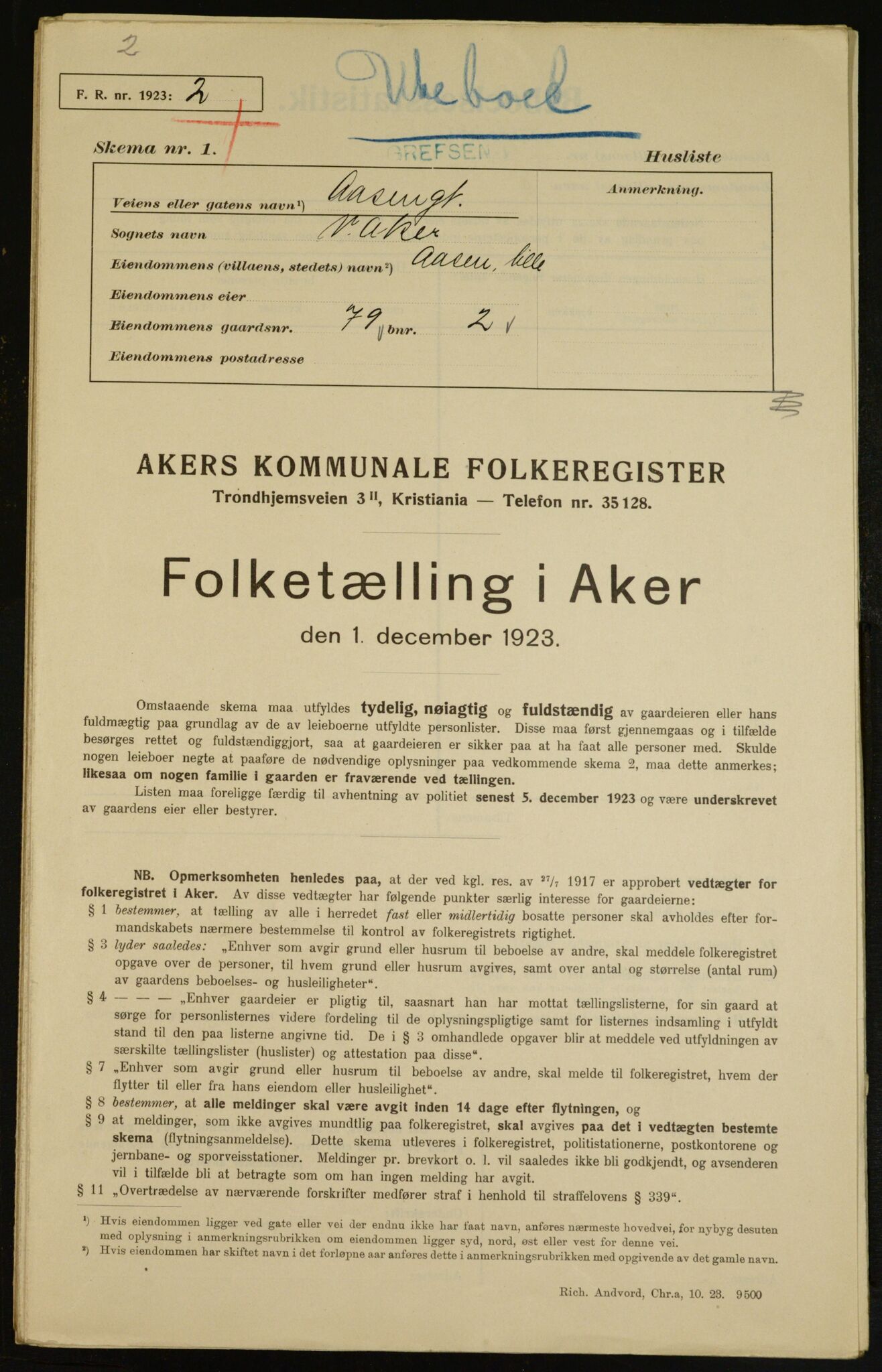 , Municipal Census 1923 for Aker, 1923, p. 7397