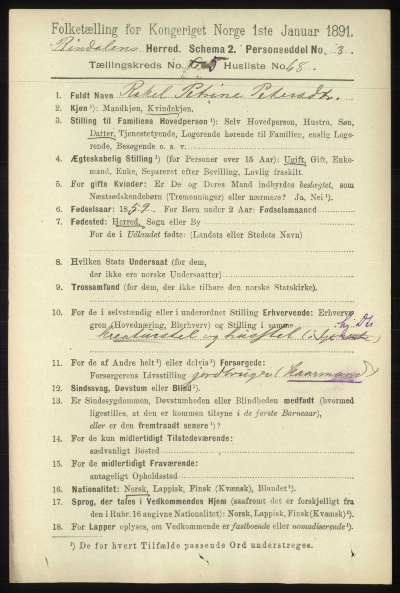 RA, 1891 census for 1811 Bindal, 1891, p. 1638