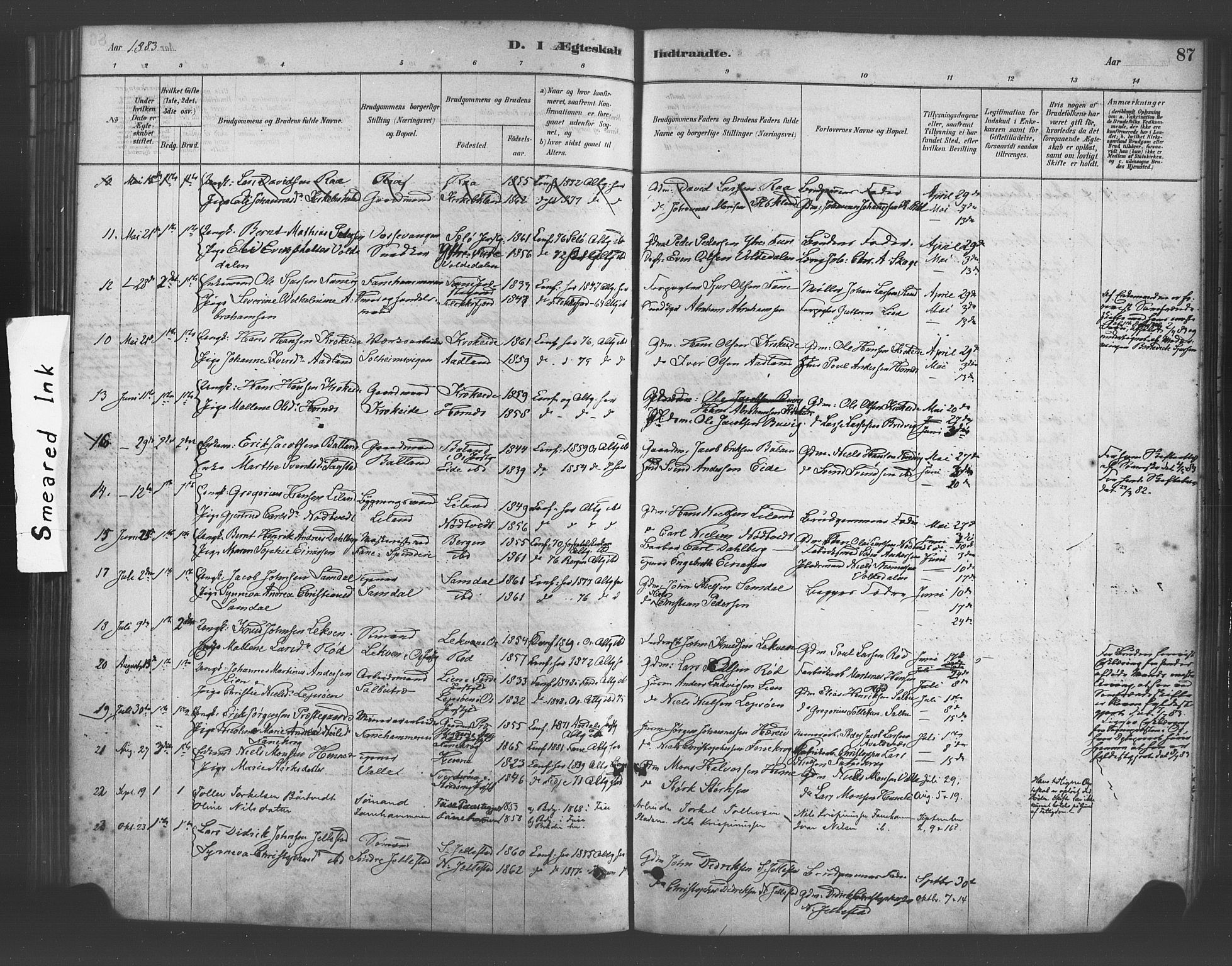 Fana Sokneprestembete, AV/SAB-A-75101/H/Haa/Haab/L0001: Parish register (official) no. B 1, 1878-1889, p. 87