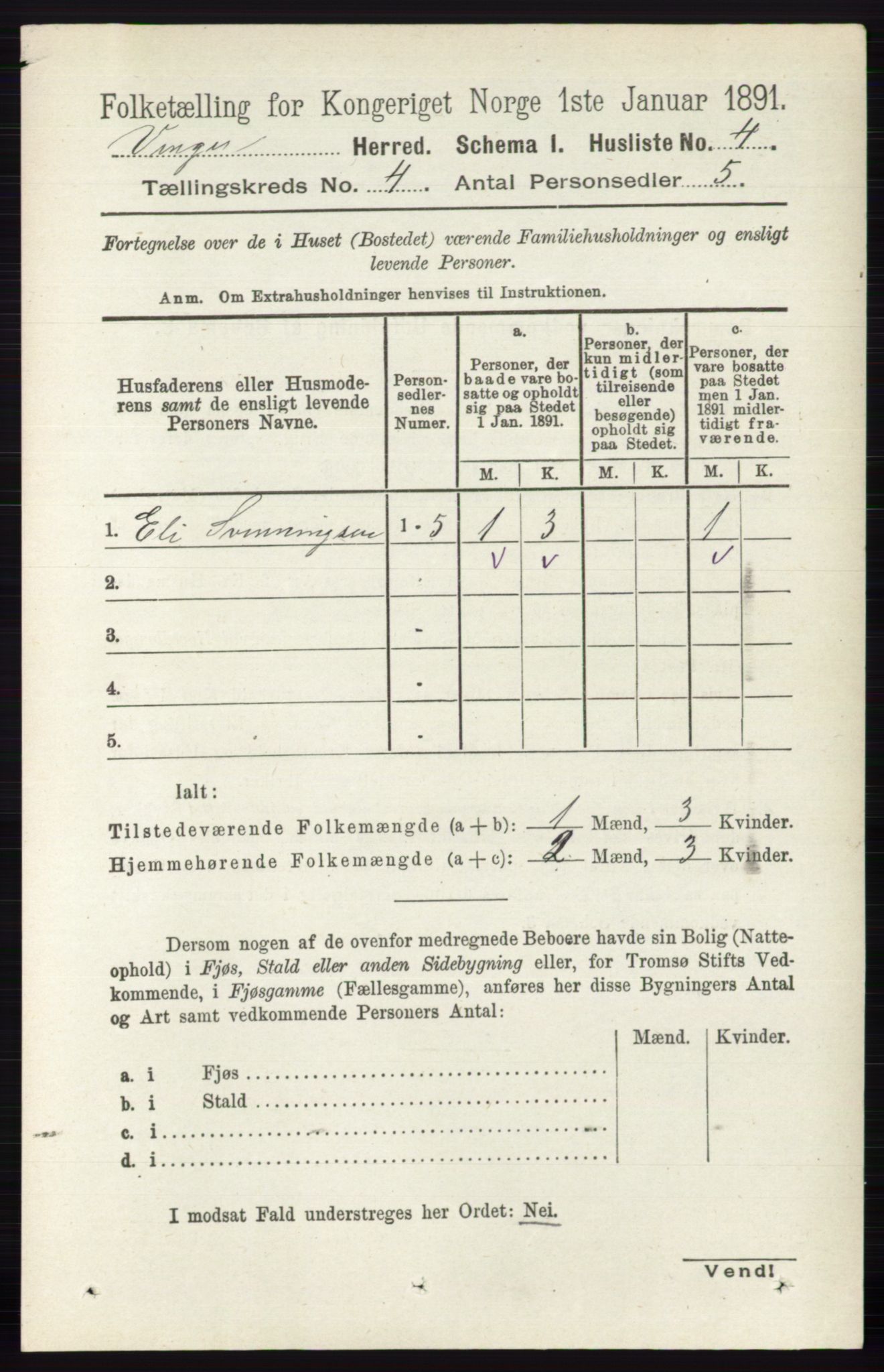 RA, 1891 census for 0421 Vinger, 1891, p. 1585