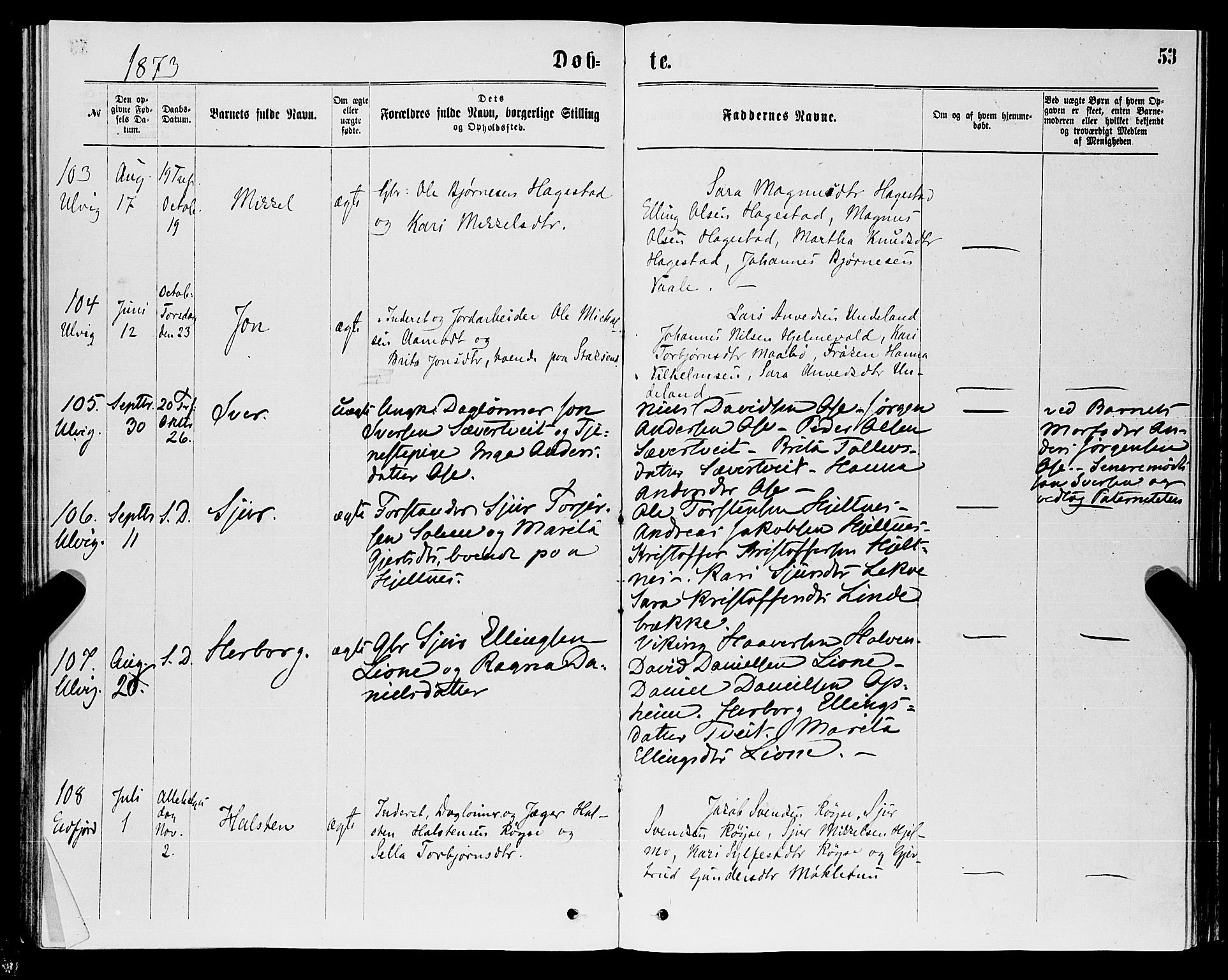 Ulvik sokneprestembete, SAB/A-78801/H/Haa: Parish register (official) no. A 16, 1870-1878, p. 53