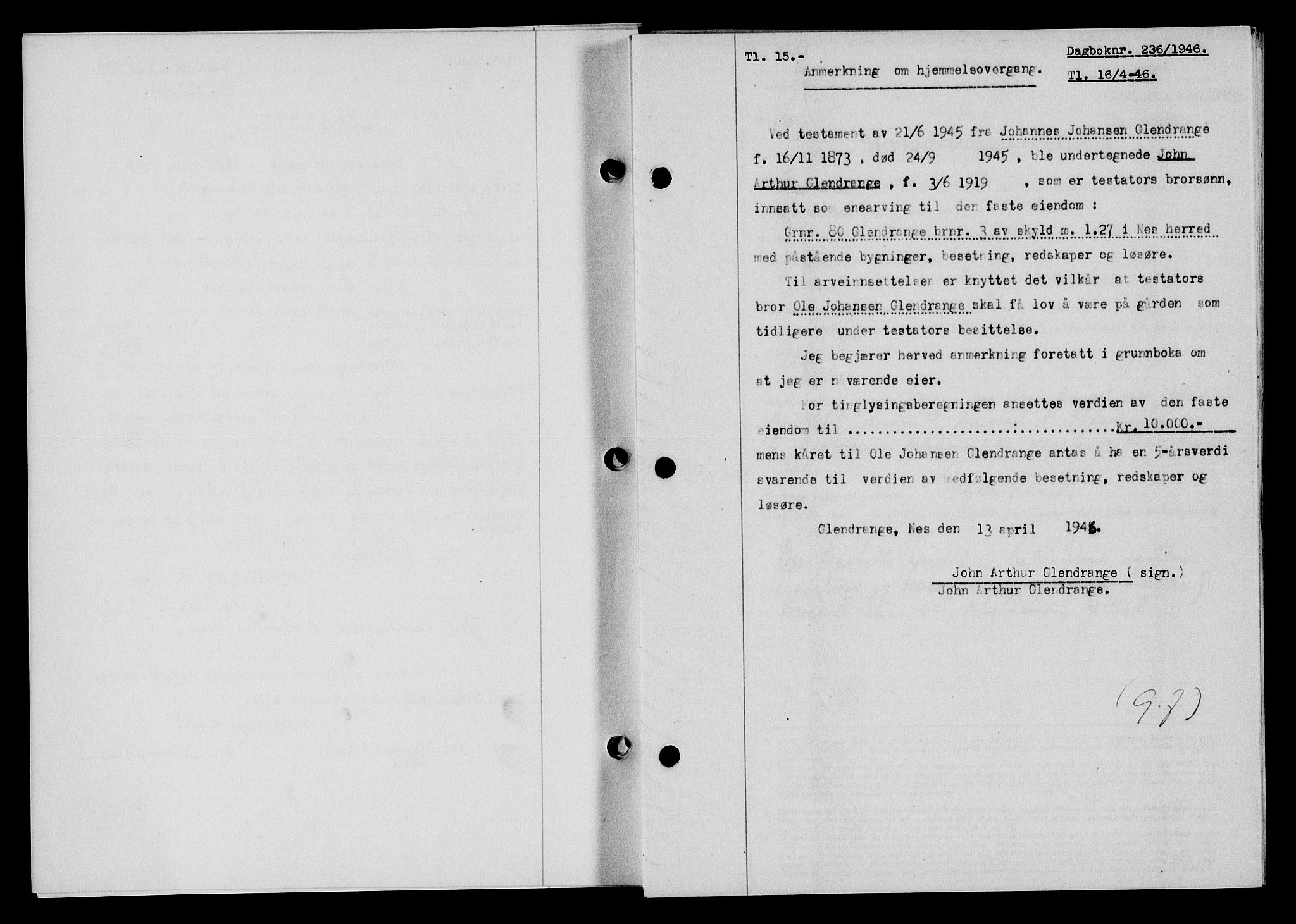 Flekkefjord sorenskriveri, SAK/1221-0001/G/Gb/Gba/L0060: Mortgage book no. A-8, 1945-1946, Diary no: : 236/1946