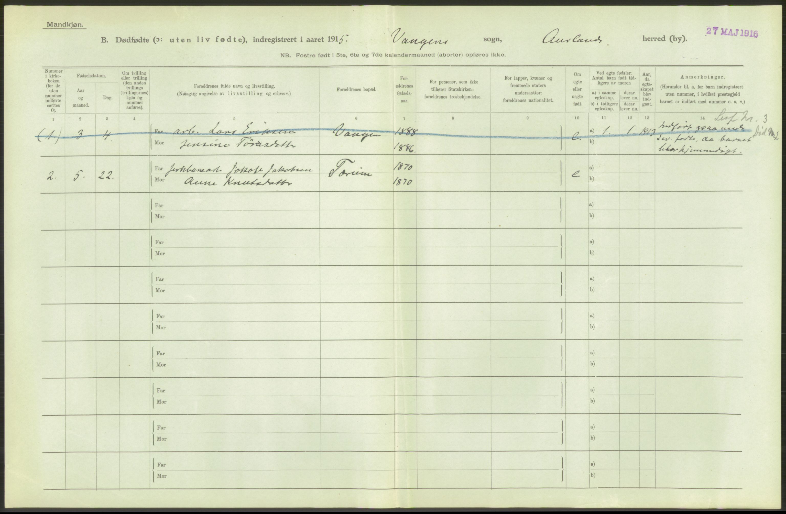 Statistisk sentralbyrå, Sosiodemografiske emner, Befolkning, AV/RA-S-2228/D/Df/Dfb/Dfbe/L0036: N. Bergenhus amt: Døde, dødfødte. Bygder., 1915, p. 26