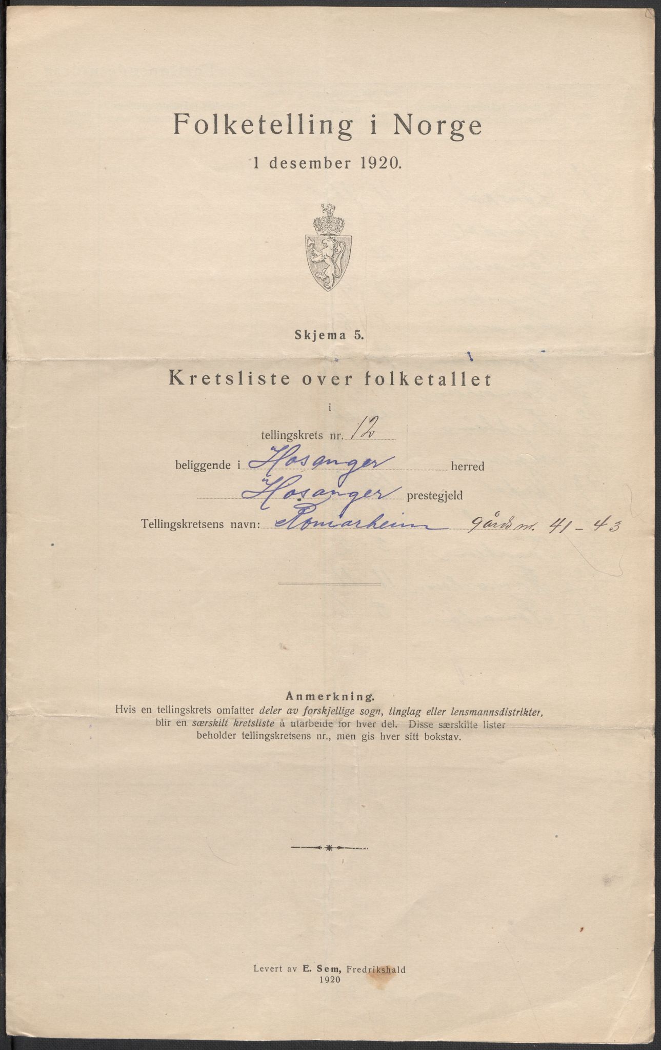 SAB, 1920 census for Hosanger, 1920, p. 38