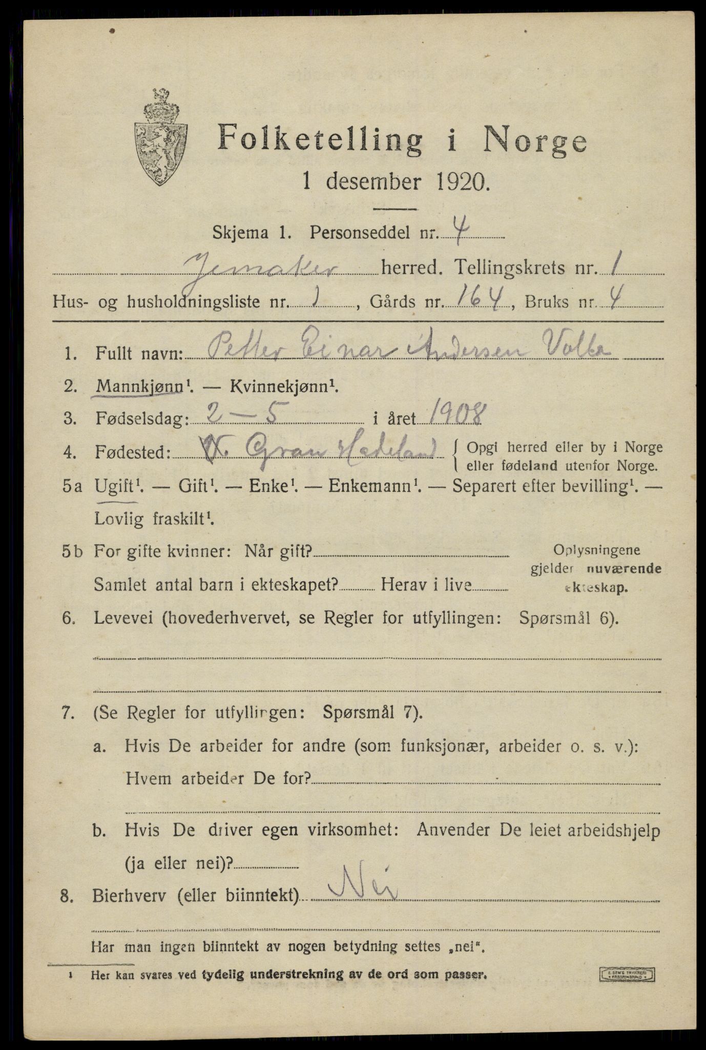 SAH, 1920 census for Jevnaker, 1920, p. 1241