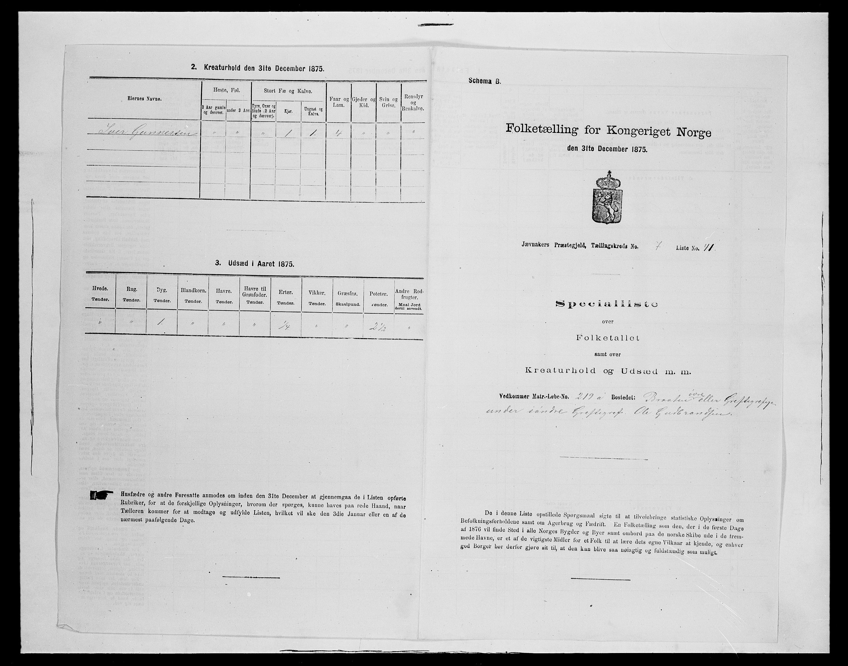 SAH, 1875 census for 0532P Jevnaker, 1875, p. 1239