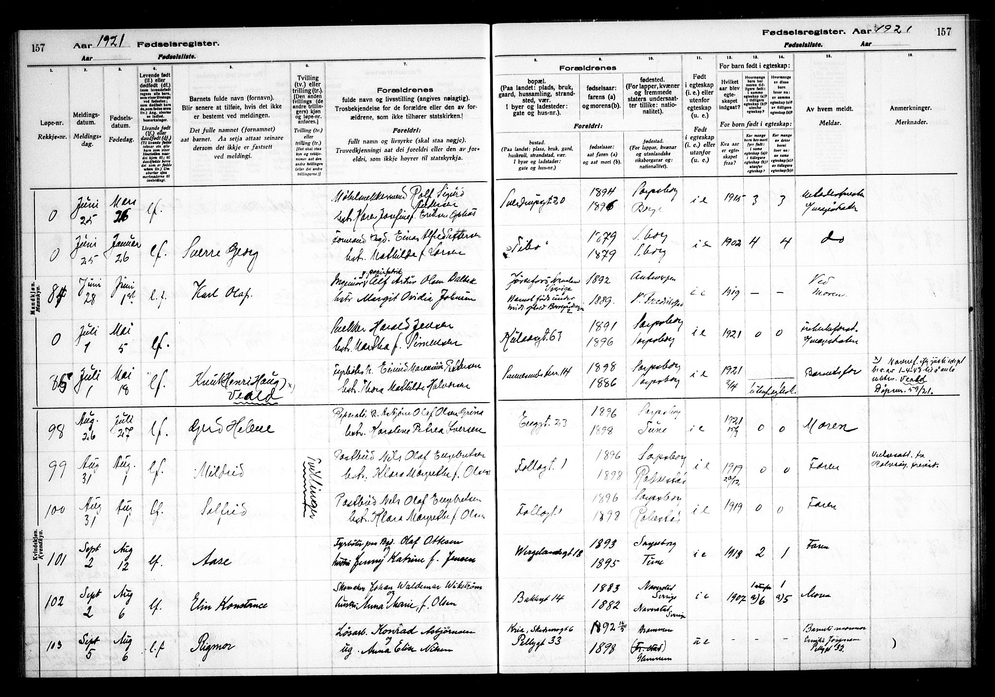 Sarpsborg prestekontor Kirkebøker, SAO/A-2006/J/Ja/L0001: Birth register no. 1, 1916-1922, p. 157