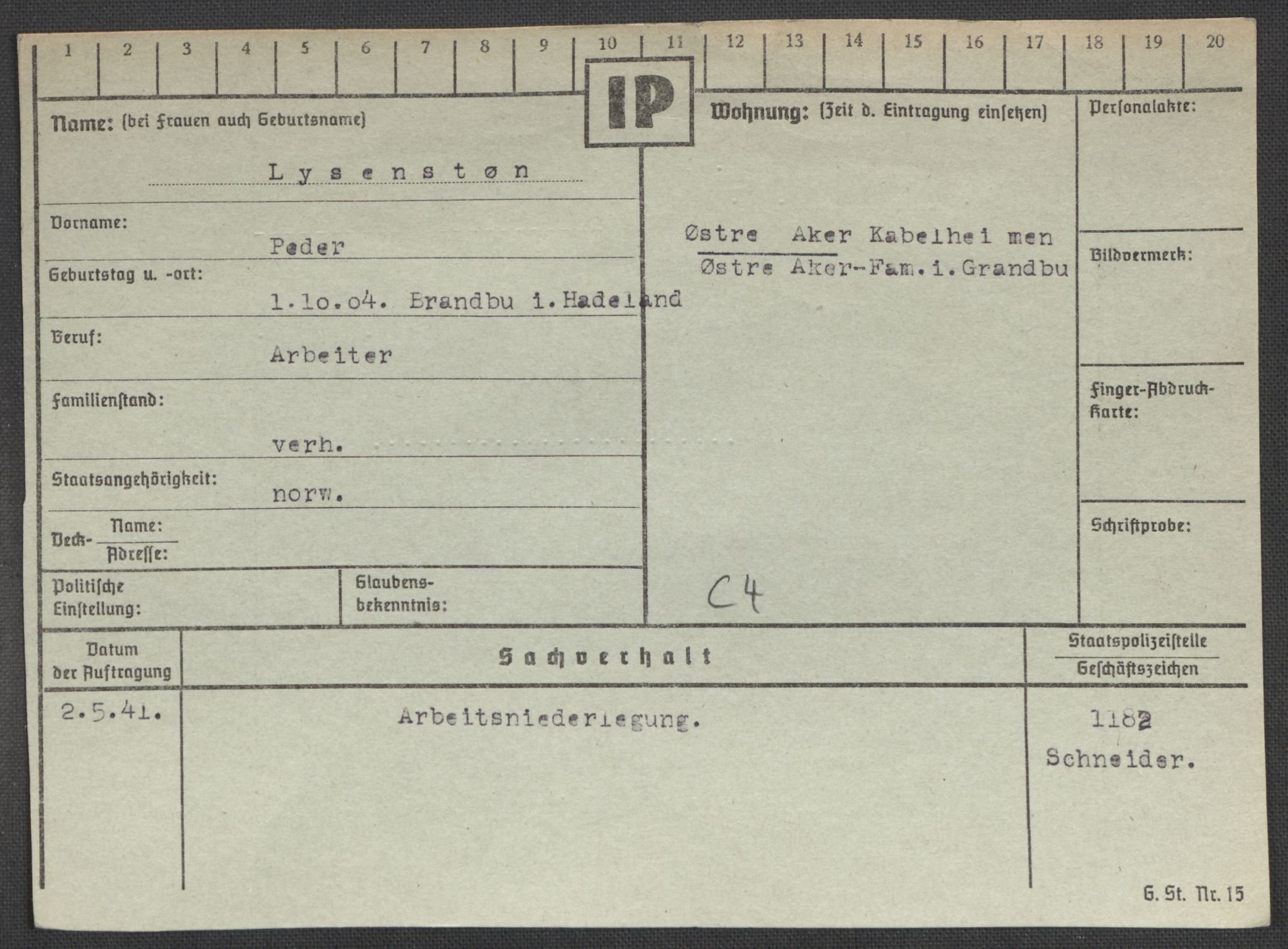 Befehlshaber der Sicherheitspolizei und des SD, AV/RA-RAFA-5969/E/Ea/Eaa/L0007: Register over norske fanger i Møllergata 19: Lundb-N, 1940-1945, p. 94