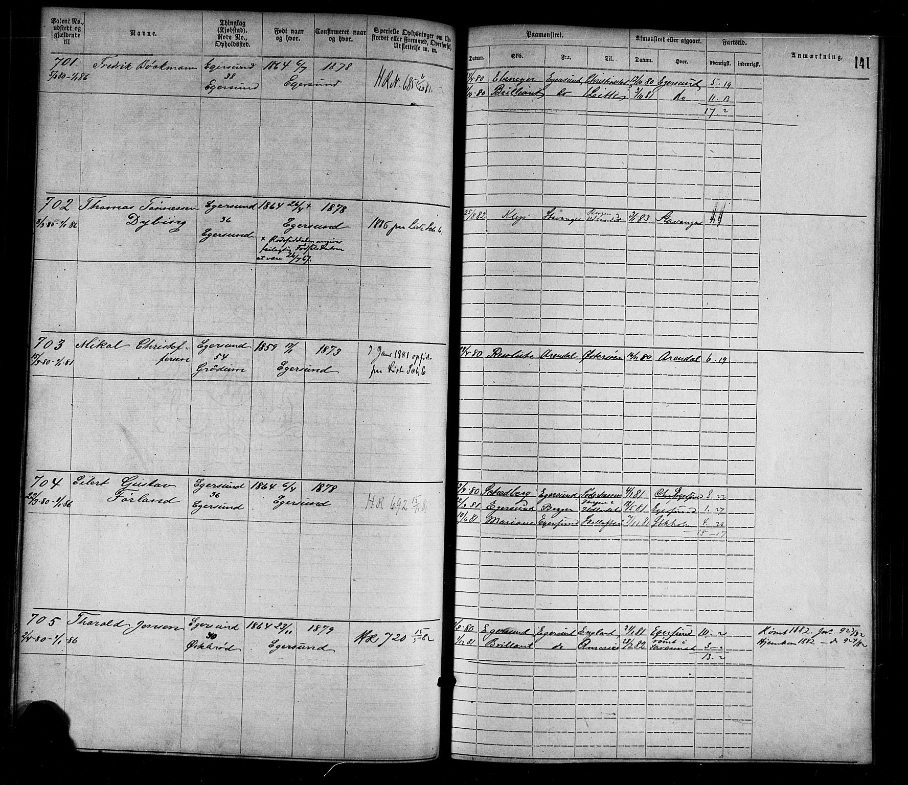 Egersund mønstringskrets, SAK/2031-0019/F/Fa/L0001: Annotasjonsrulle nr 1-1440 med register, O-1, 1869-1895, p. 158