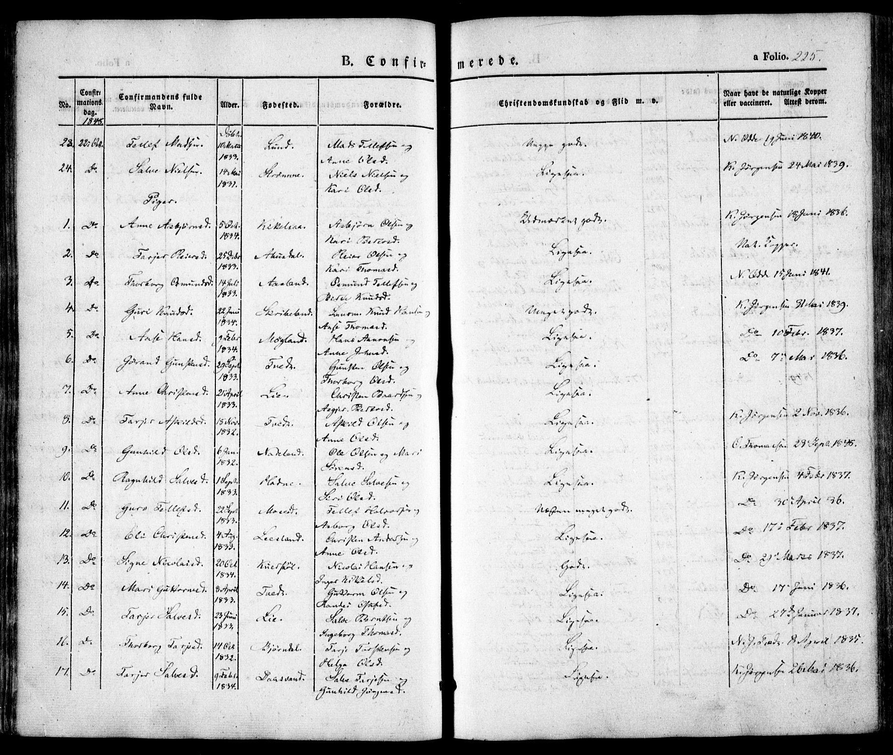 Evje sokneprestkontor, AV/SAK-1111-0008/F/Fa/Faa/L0005: Parish register (official) no. A 5, 1843-1865, p. 225