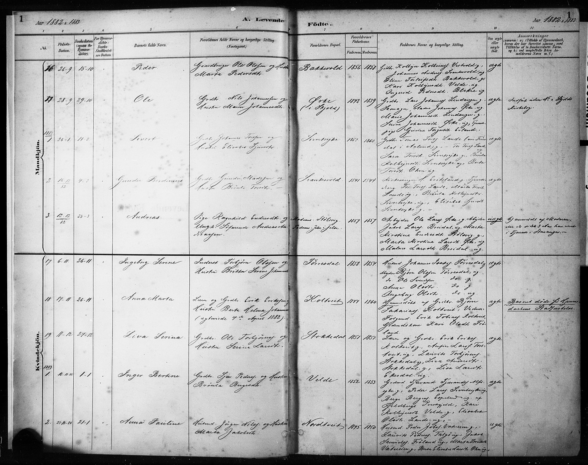 Skjold sokneprestkontor, AV/SAST-A-101847/H/Ha/Haa/L0009: Parish register (official) no. A 9, 1882-1898, p. 1