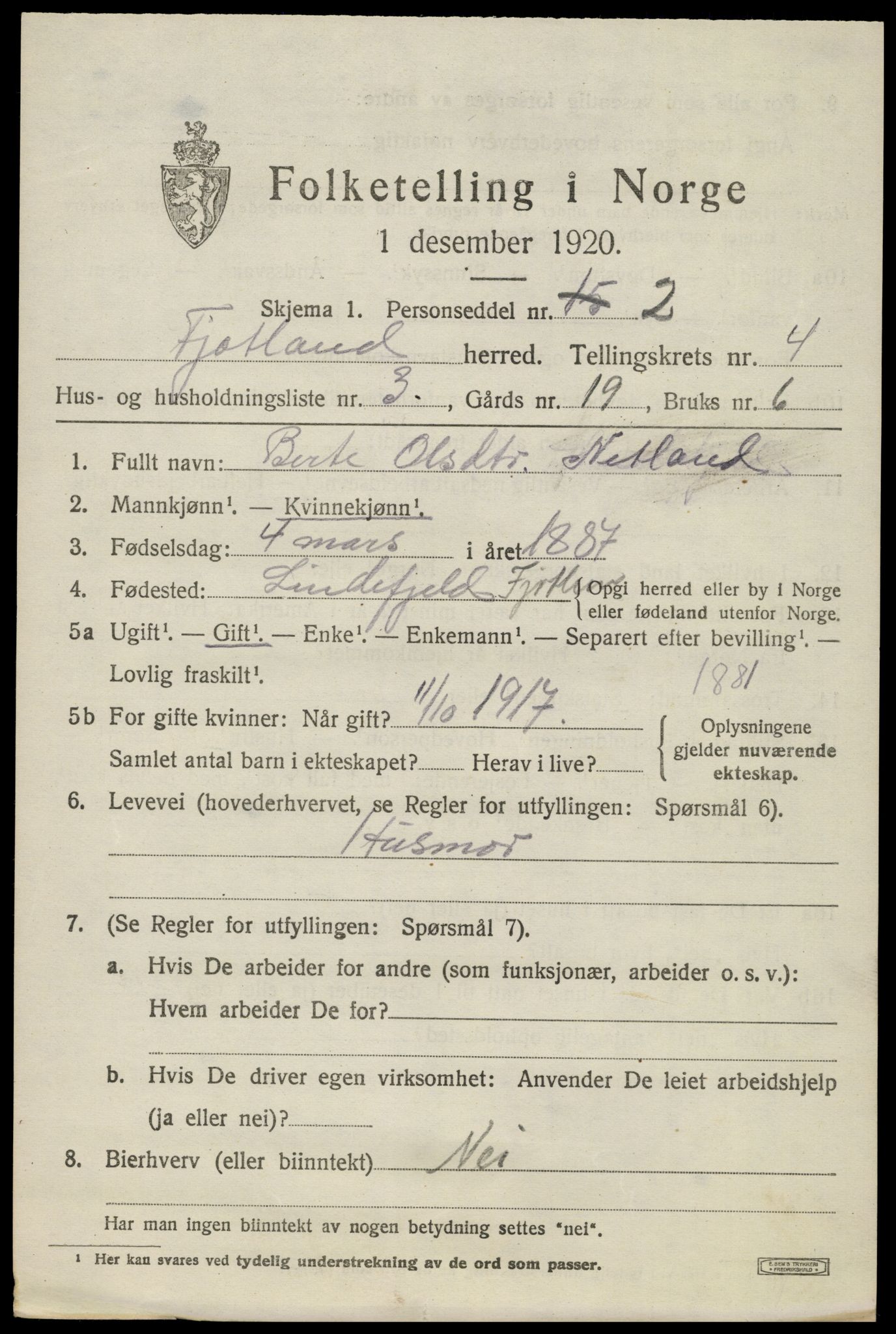 SAK, 1920 census for Fjotland, 1920, p. 1218