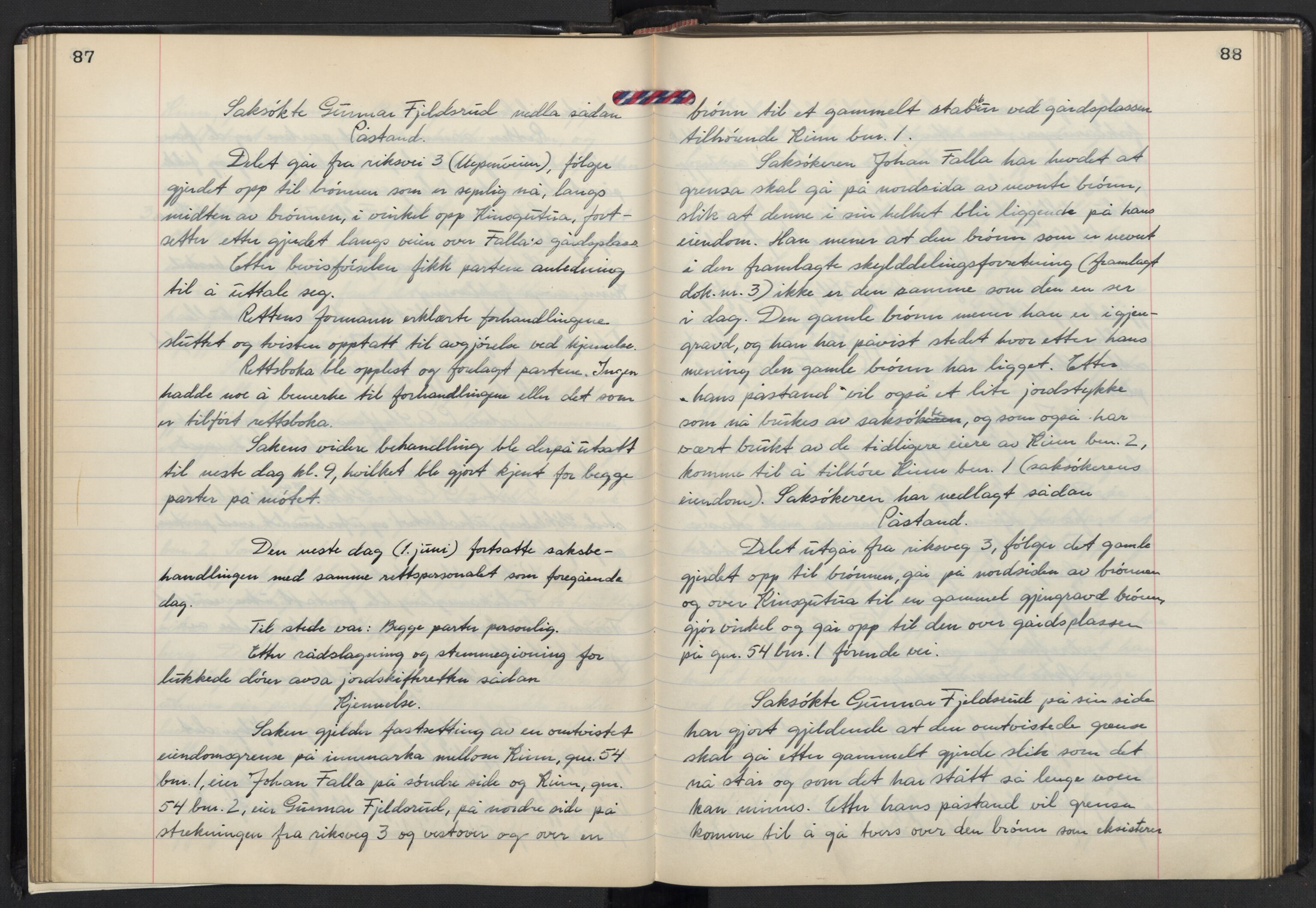Akershus og Oslo jordskifterett, AV/SAO-A-10121/F/Fa/L0029: Forhandlingsprotokoll, 1954-1956, p. 87-88