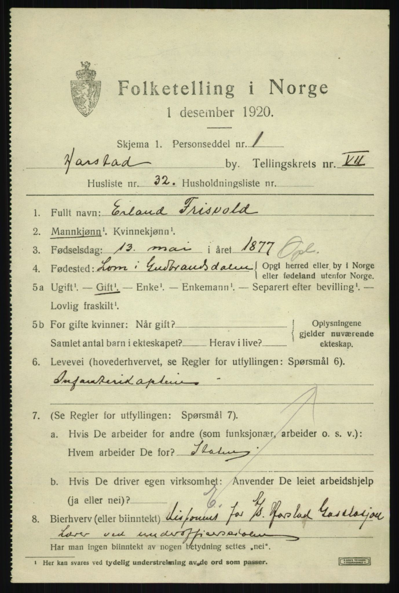 SATØ, 1920 census for Harstad, 1920, p. 8892