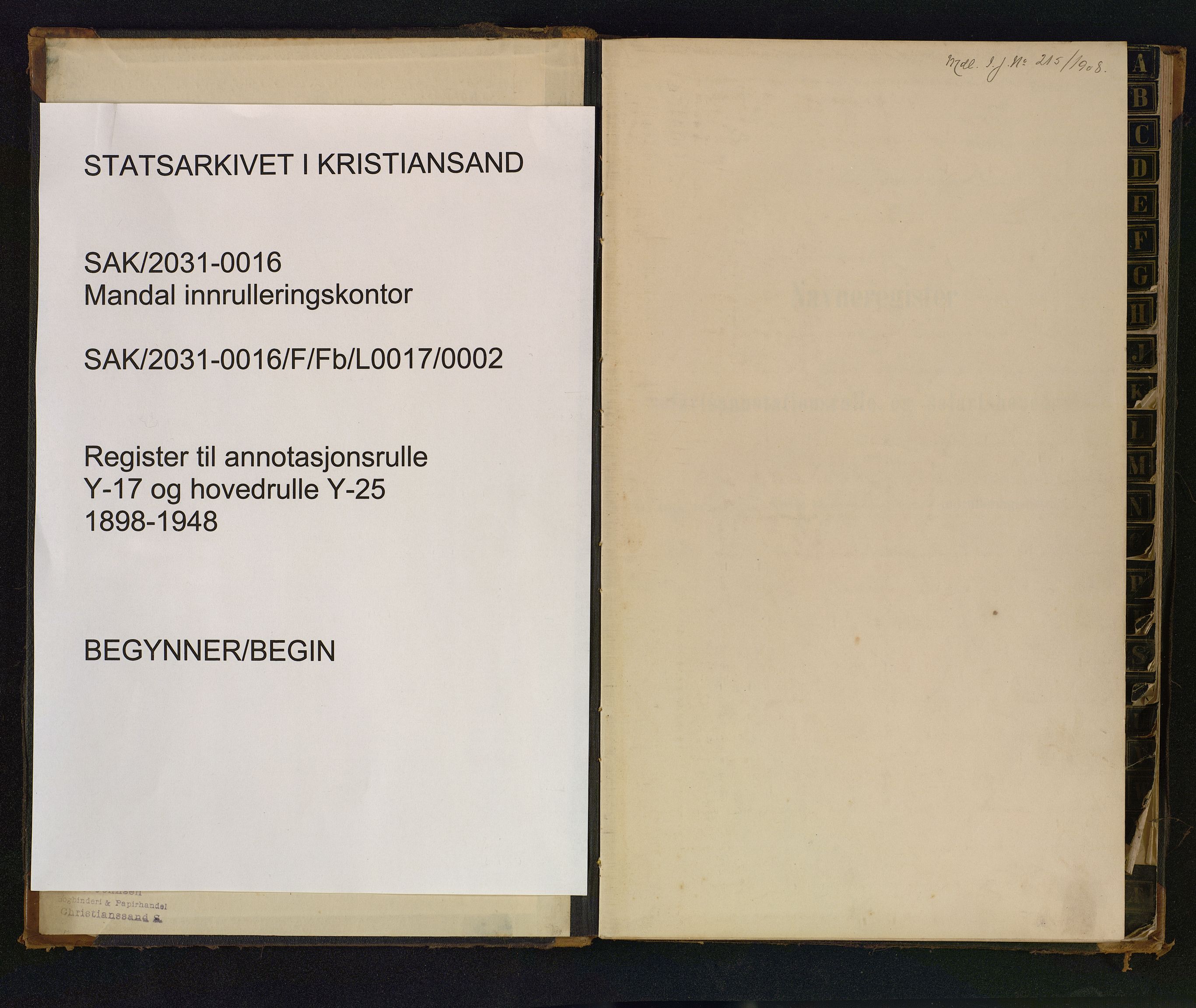 Mandal mønstringskrets, AV/SAK-2031-0016/F/Fb/L0017/0002: Register til annontasjonsrulle og hovedrulle, Y-37 / Register til annotasjonsrulle Y-17 og hovedrulle Y-25, 1898-1948, p. 1