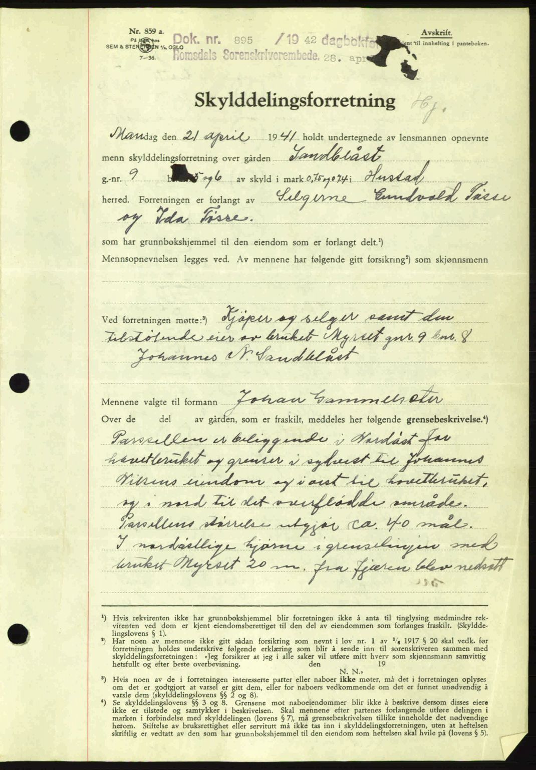 Romsdal sorenskriveri, AV/SAT-A-4149/1/2/2C: Mortgage book no. A12, 1942-1942, Diary no: : 895/1942