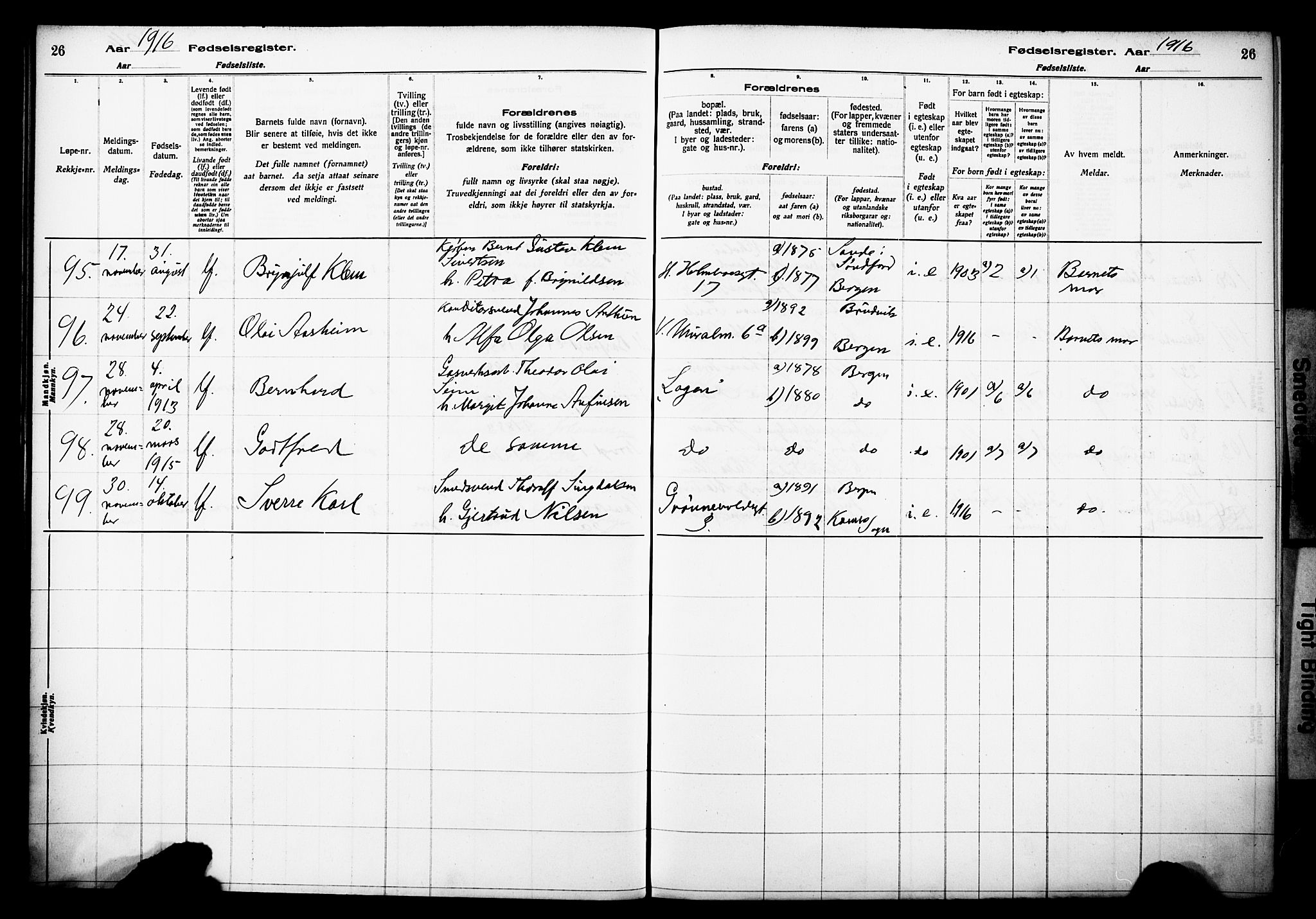 Domkirken sokneprestembete, AV/SAB-A-74801/I/Id/L00A1: Birth register no. A 1, 1916-1923, p. 26