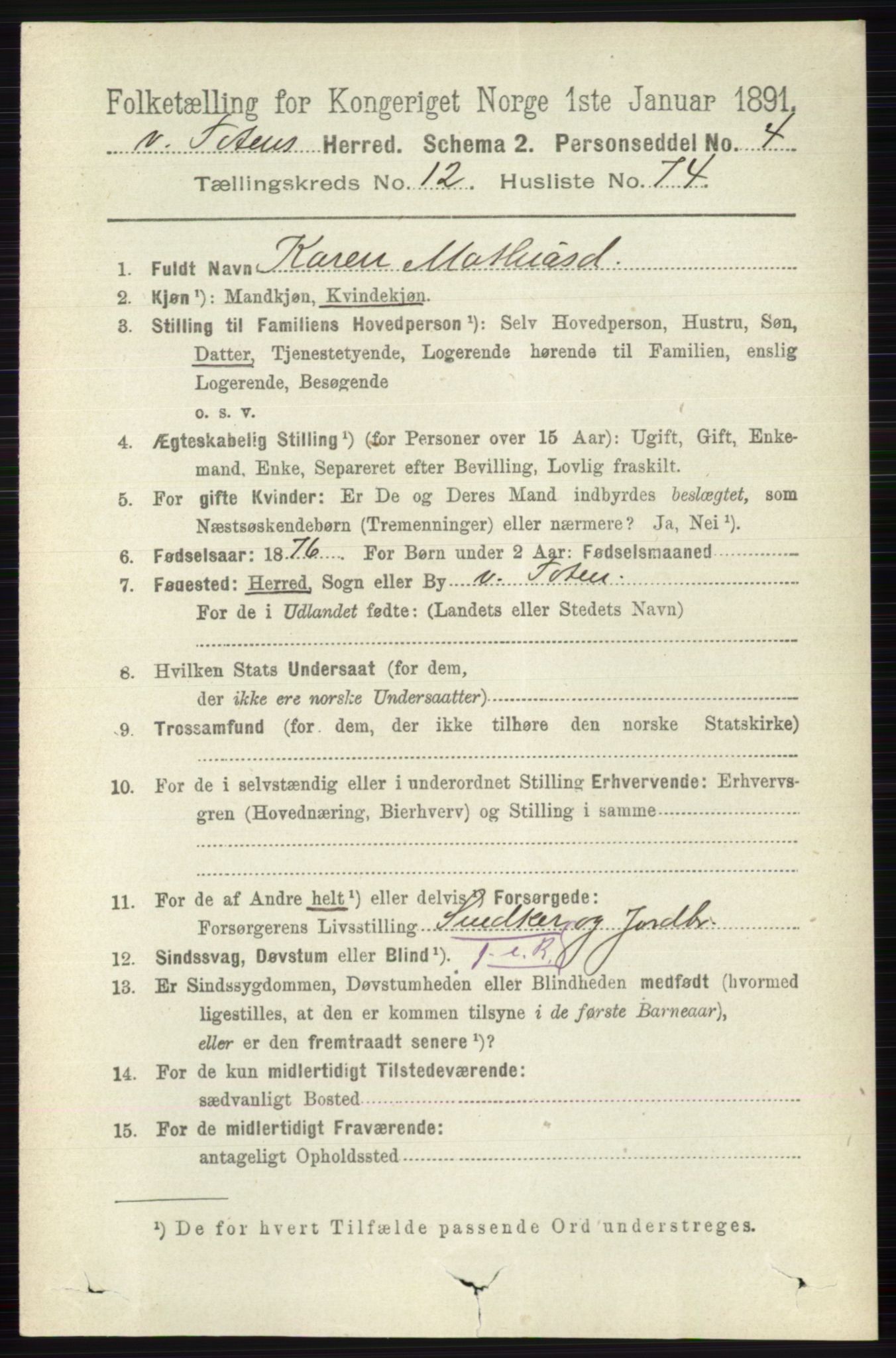 RA, 1891 census for 0529 Vestre Toten, 1891, p. 7696