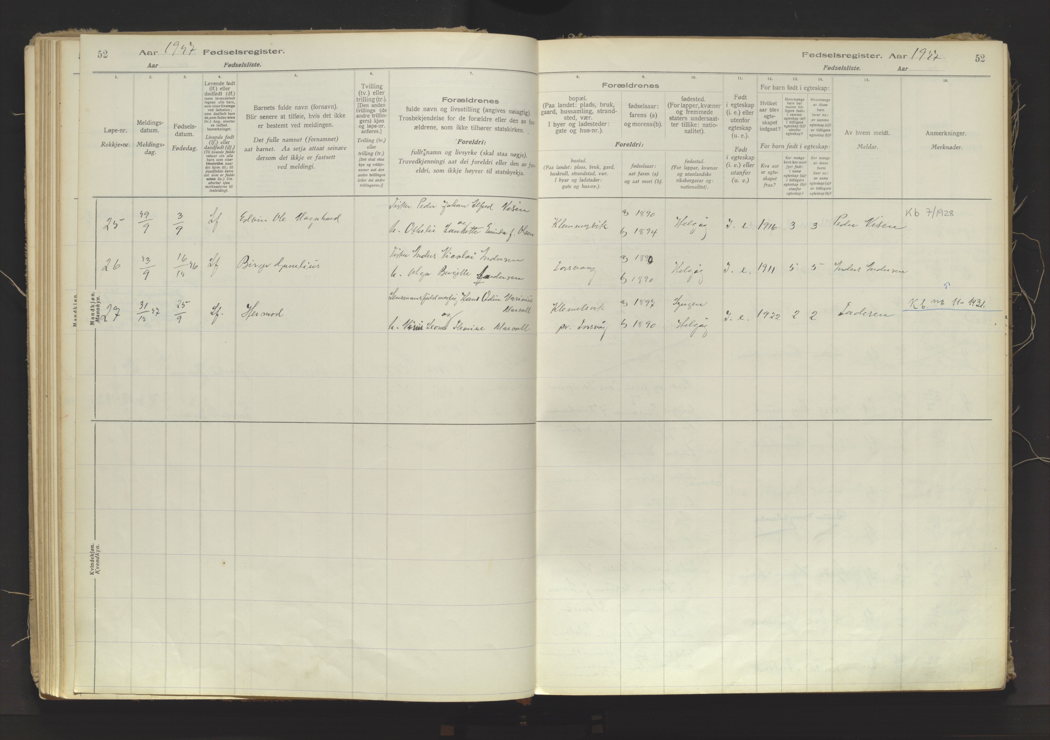 Karlsøy sokneprestembete, AV/SATØ-S-1299/I/Ic/L0067: Birth register no. 67, 1916-1958, p. 52