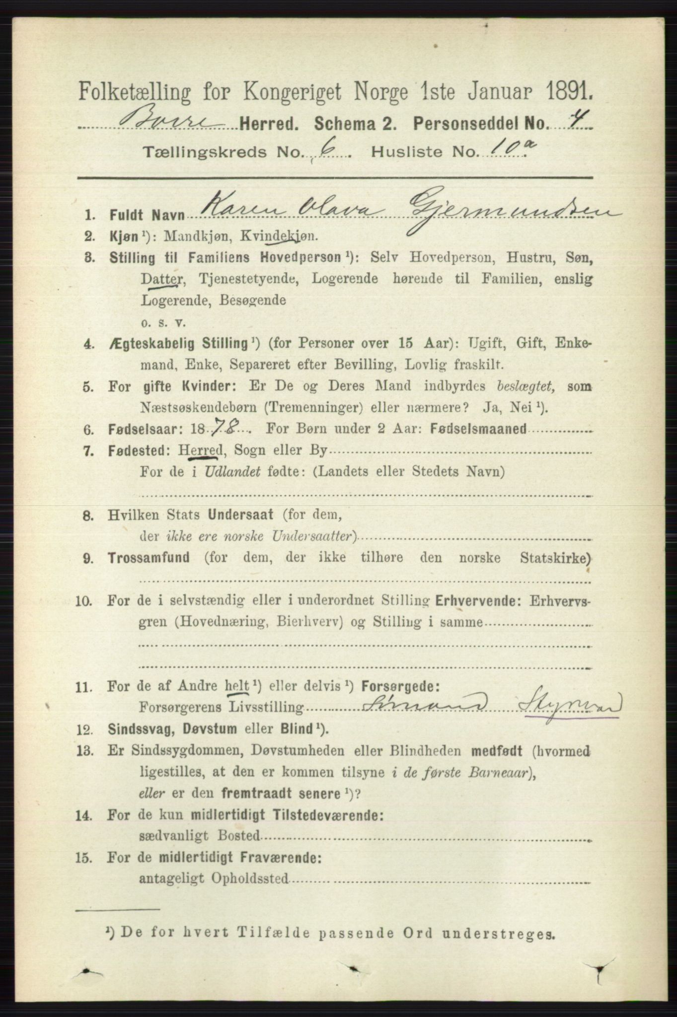 RA, 1891 census for 0717 Borre, 1891, p. 2688